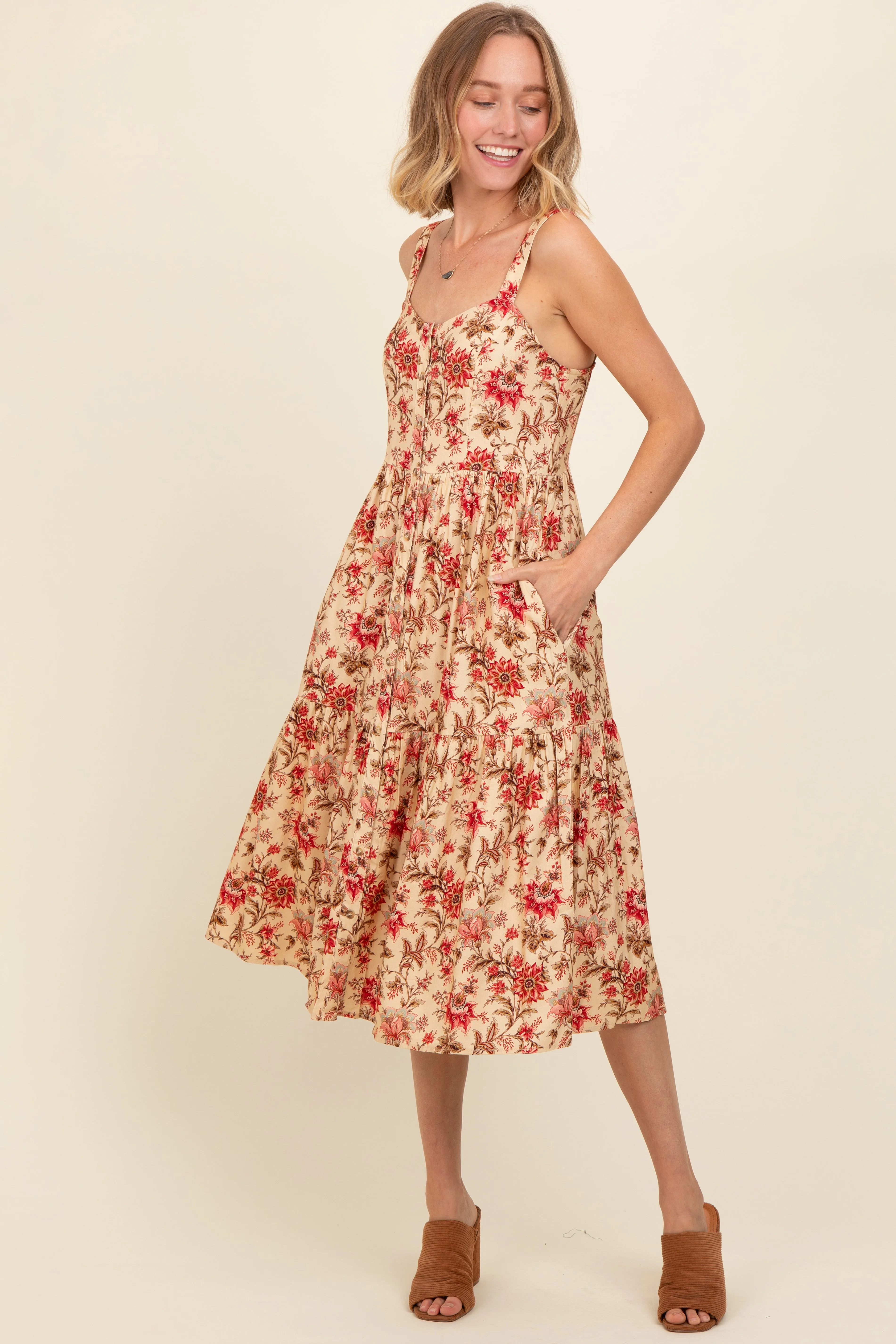 Cream Floral Sweetheart Neck Button Down Midi Dress sold by Pinkblush product image thumbnail 3