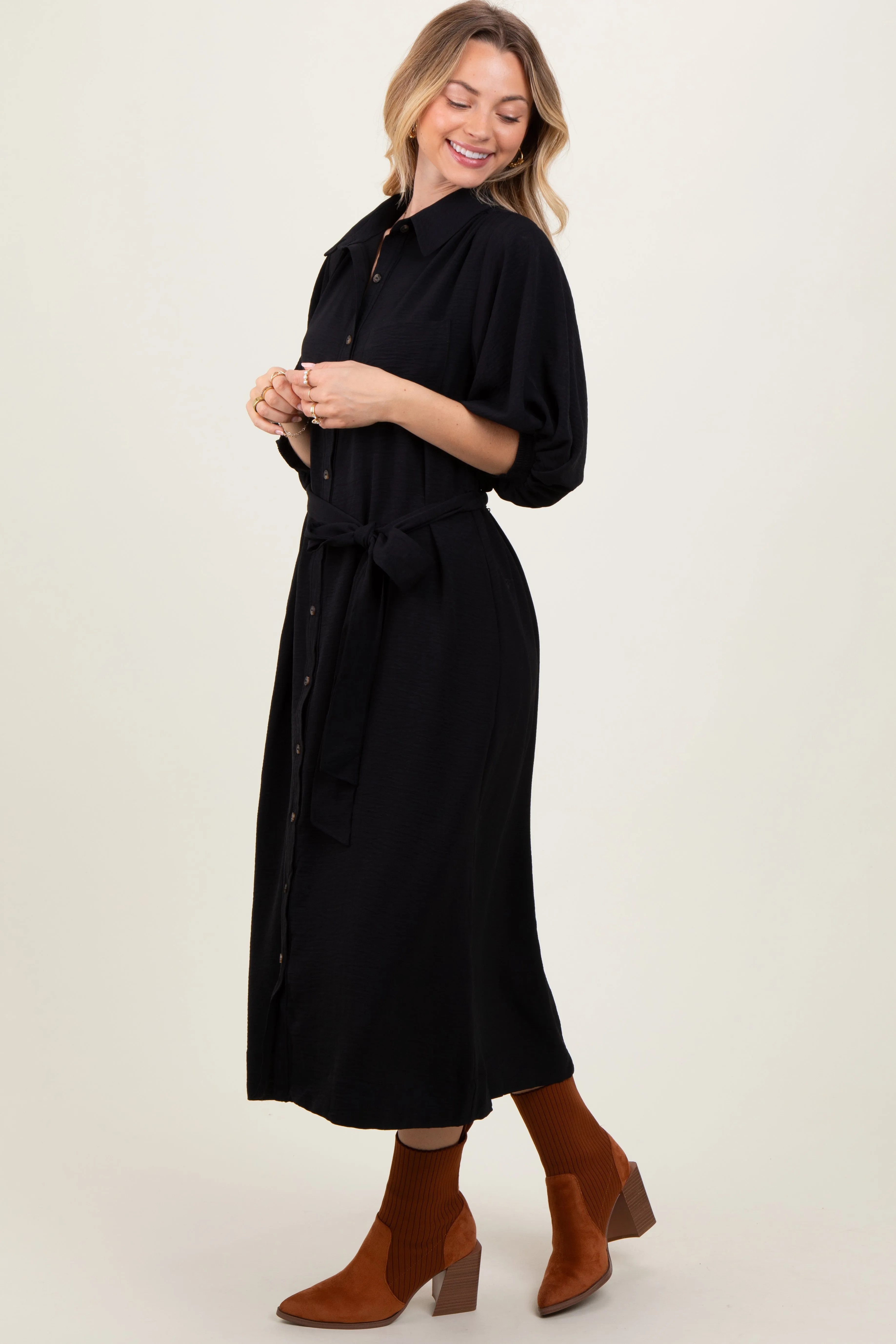 Black Sash Tie Midi Shirt Dress sold by Pinkblush product image thumbnail 3