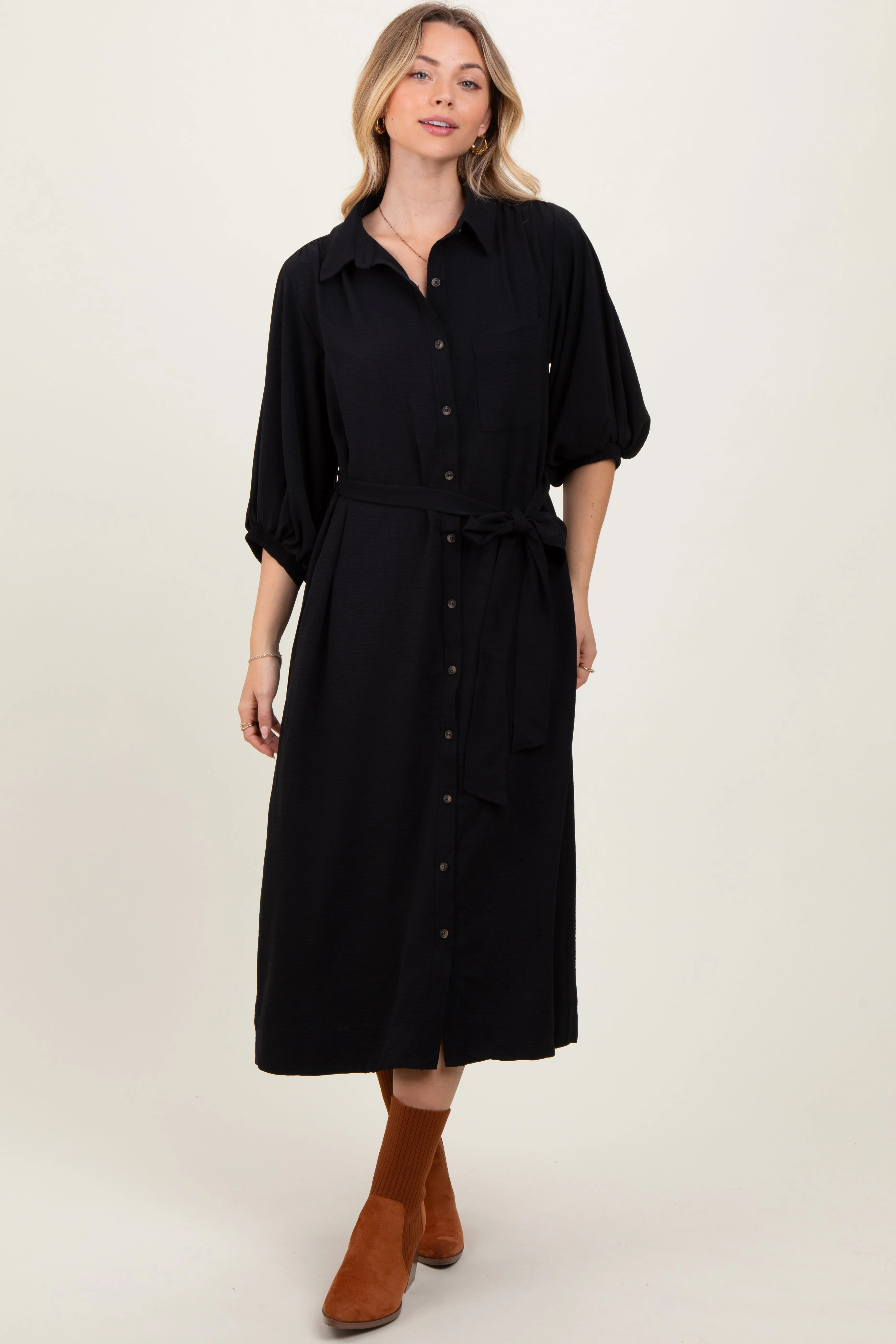 Black Sash Tie Midi Shirt Dress sold by Pinkblush product image thumbnail 2