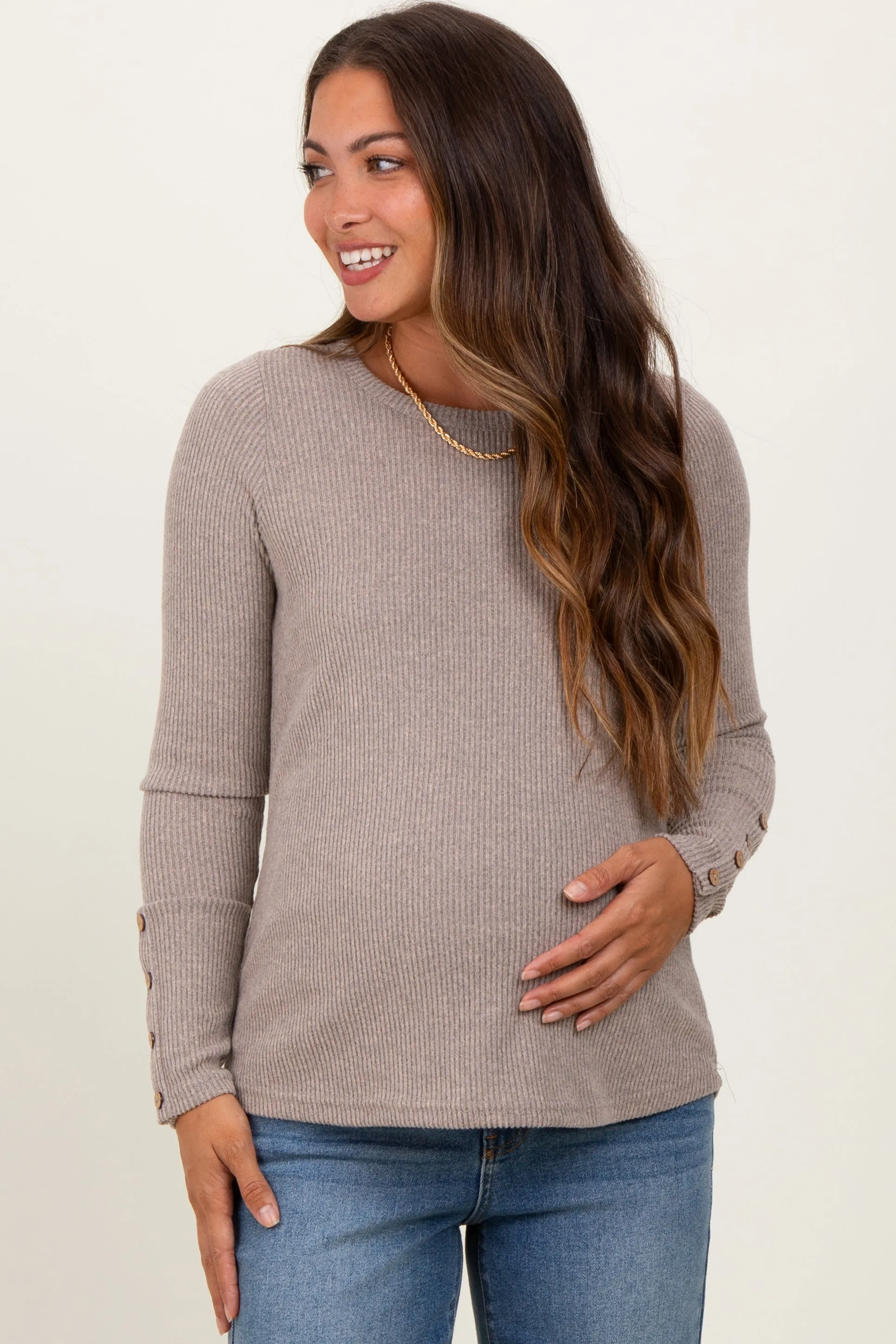 Taupe Ribbed Knit Button Detail Long Sleeve Maternity Top sold by Pinkblush product image thumbnail 2