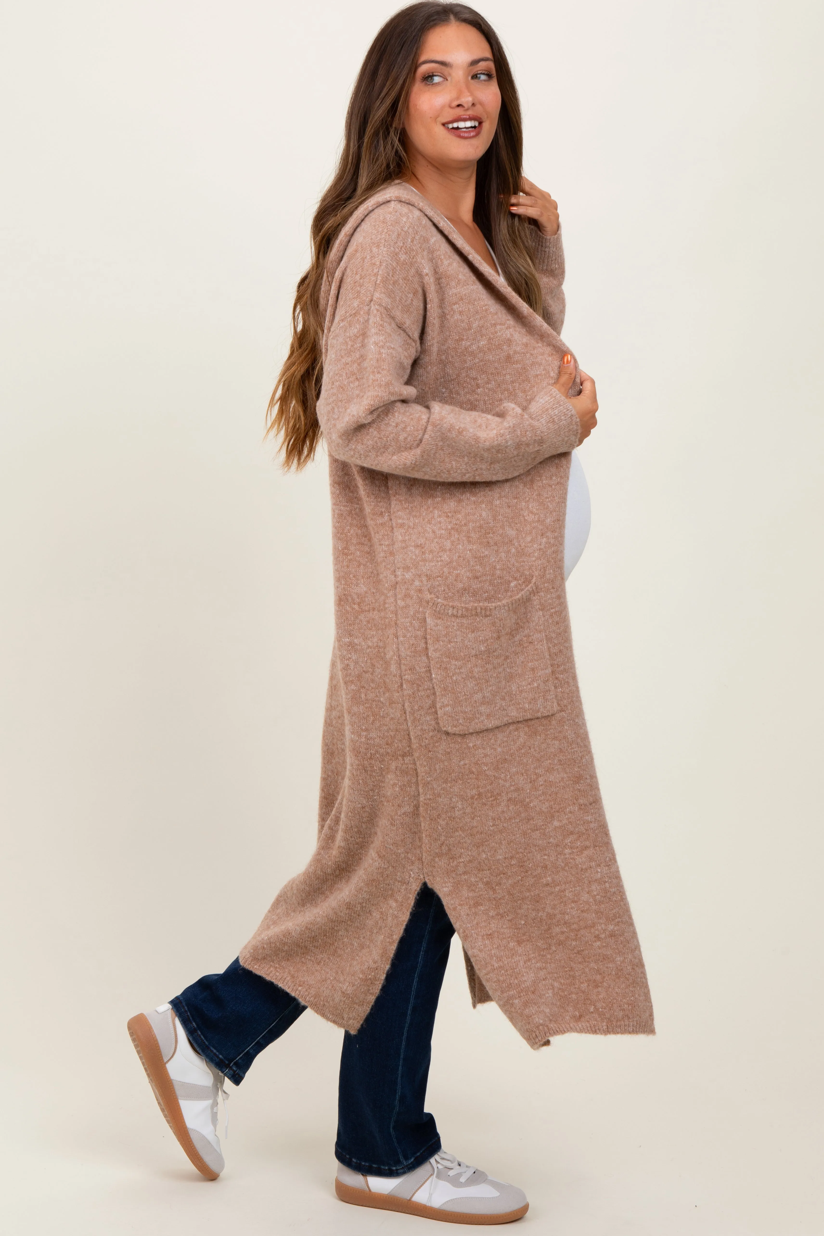 Camel Long Hooded Open Front Maternity Cardigan sold by Pinkblush