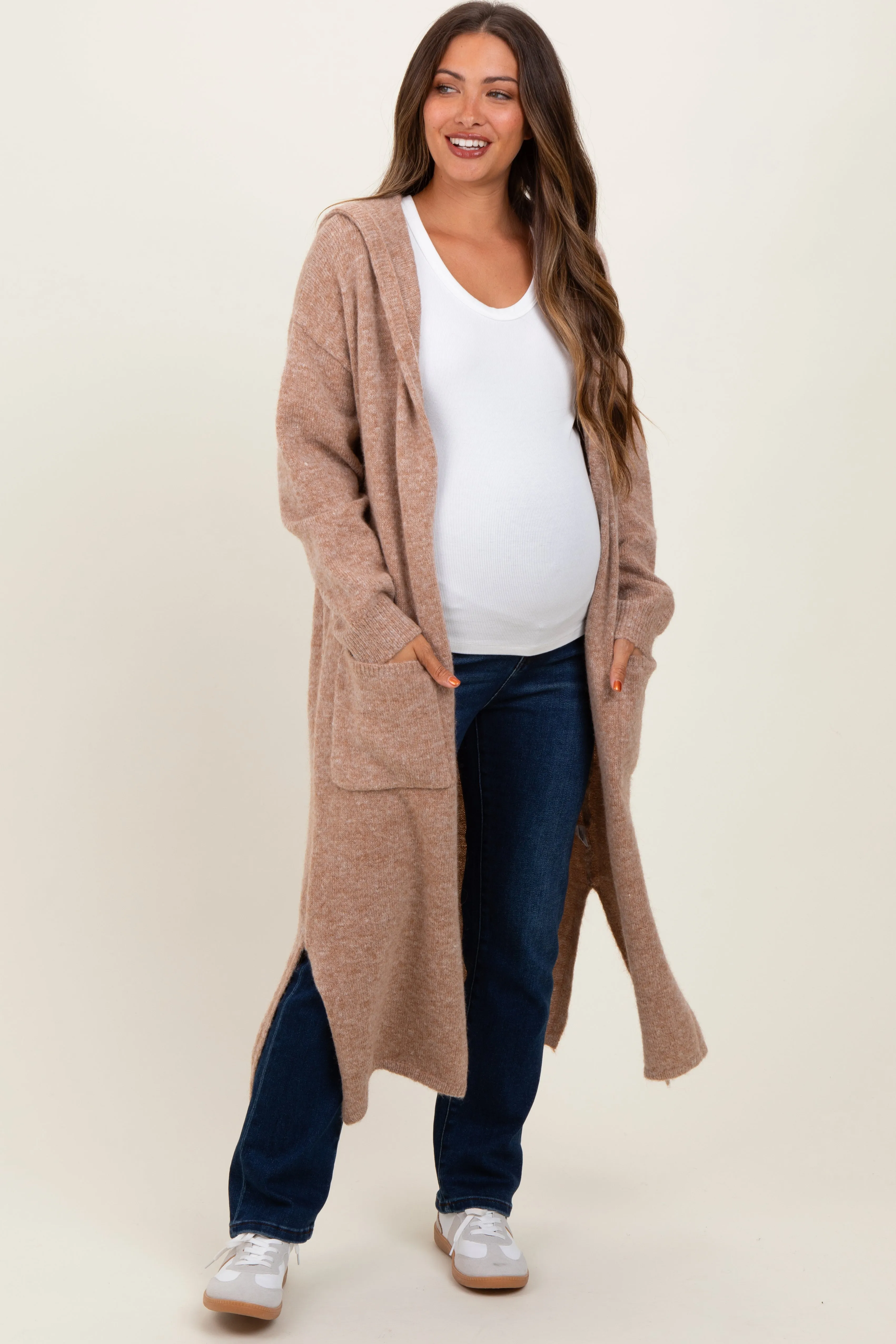 Camel Long Hooded Open Front Maternity Cardigan sold by Pinkblush product image thumbnail 2