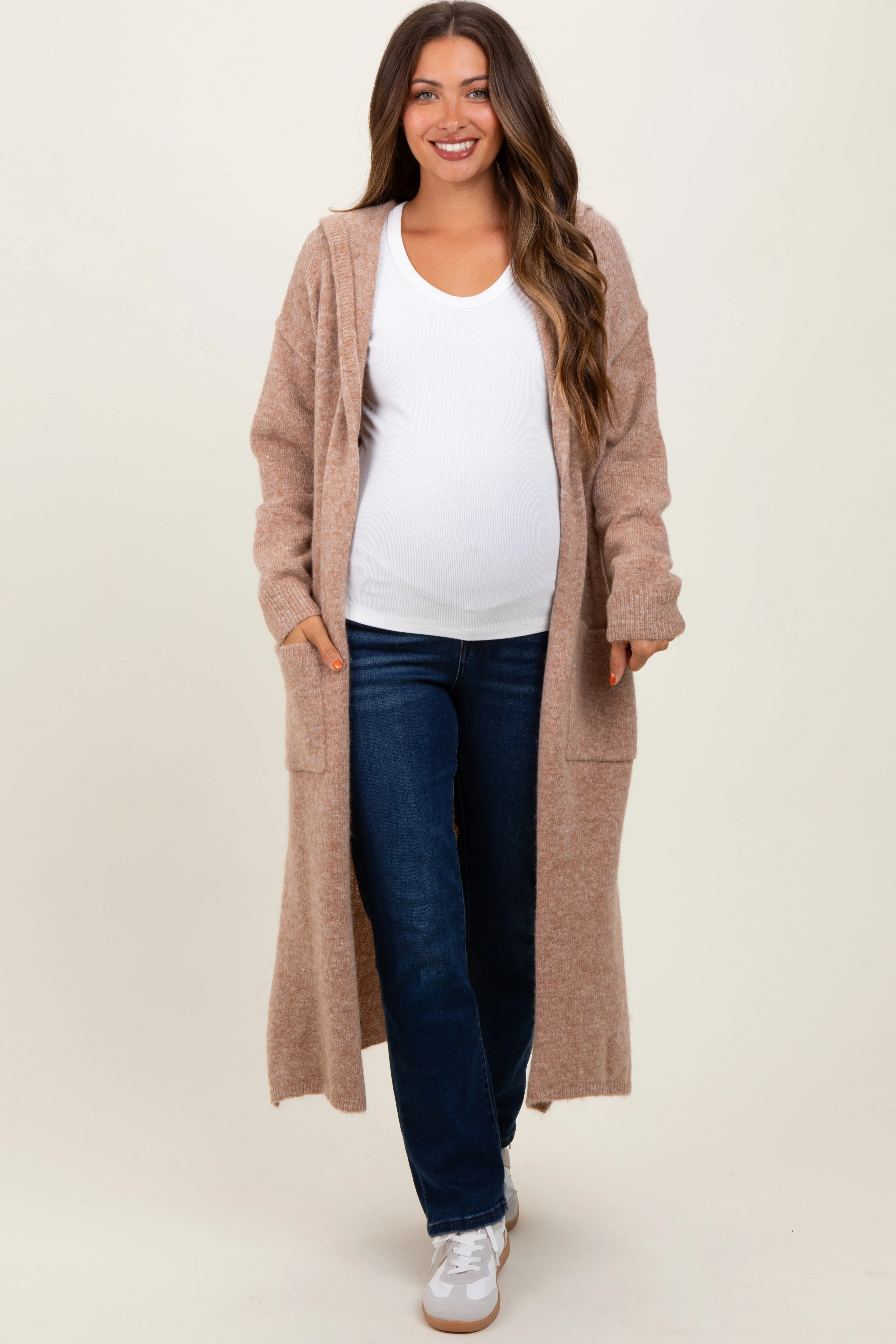 Camel Long Hooded Open Front Maternity Cardigan sold by Pinkblush product image thumbnail 3