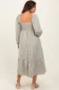 Olive Striped Ruched Bodice Balloon Sleeved Maternity Midi Dress sold by Pinkblush