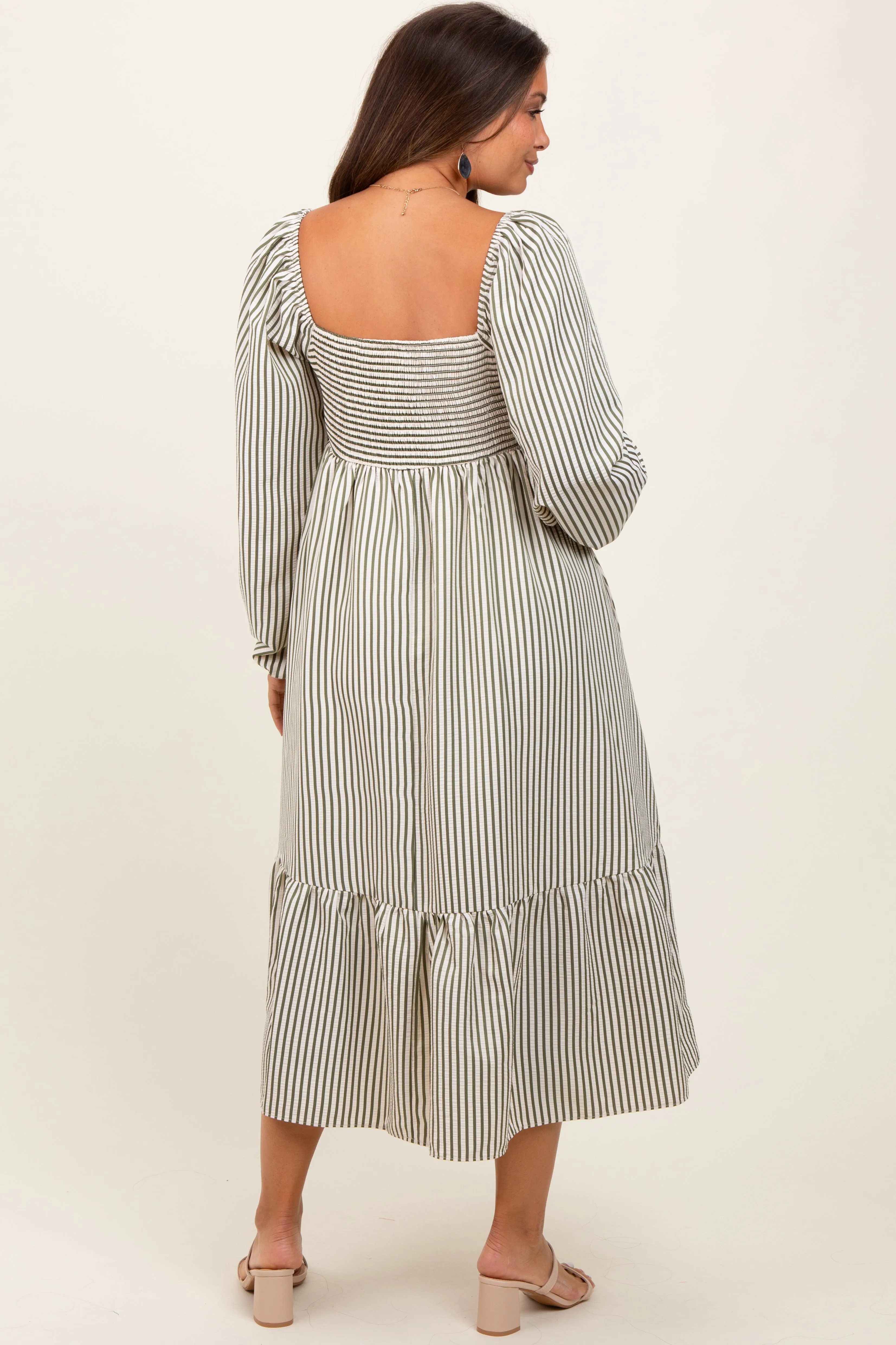 Olive Striped Ruched Bodice Balloon Sleeved Maternity Midi Dress sold by Pinkblush product image thumbnail 4