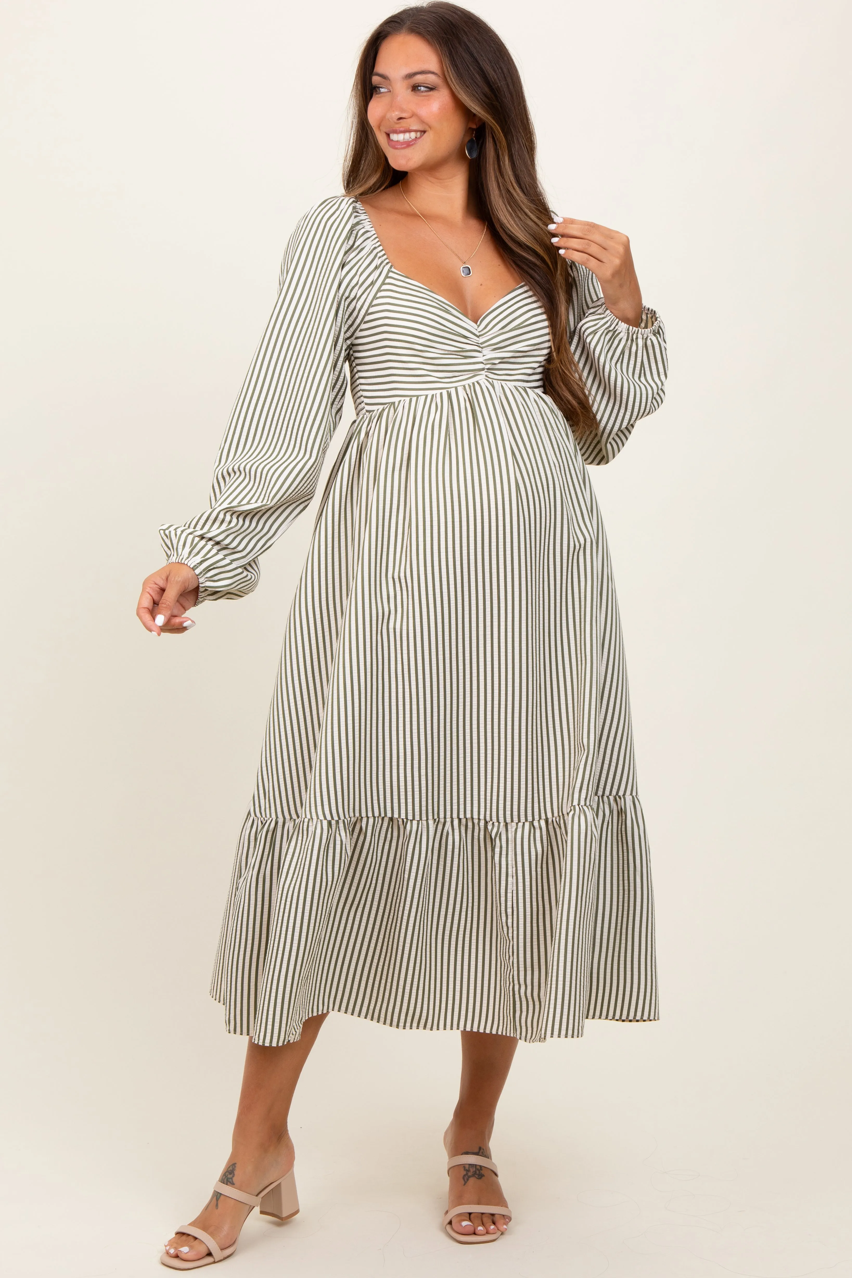 Olive Striped Ruched Bodice Balloon Sleeved Maternity Midi Dress sold by Pinkblush