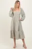 Olive Striped Ruched Bodice Balloon Sleeved Maternity Midi Dress sold by Pinkblush