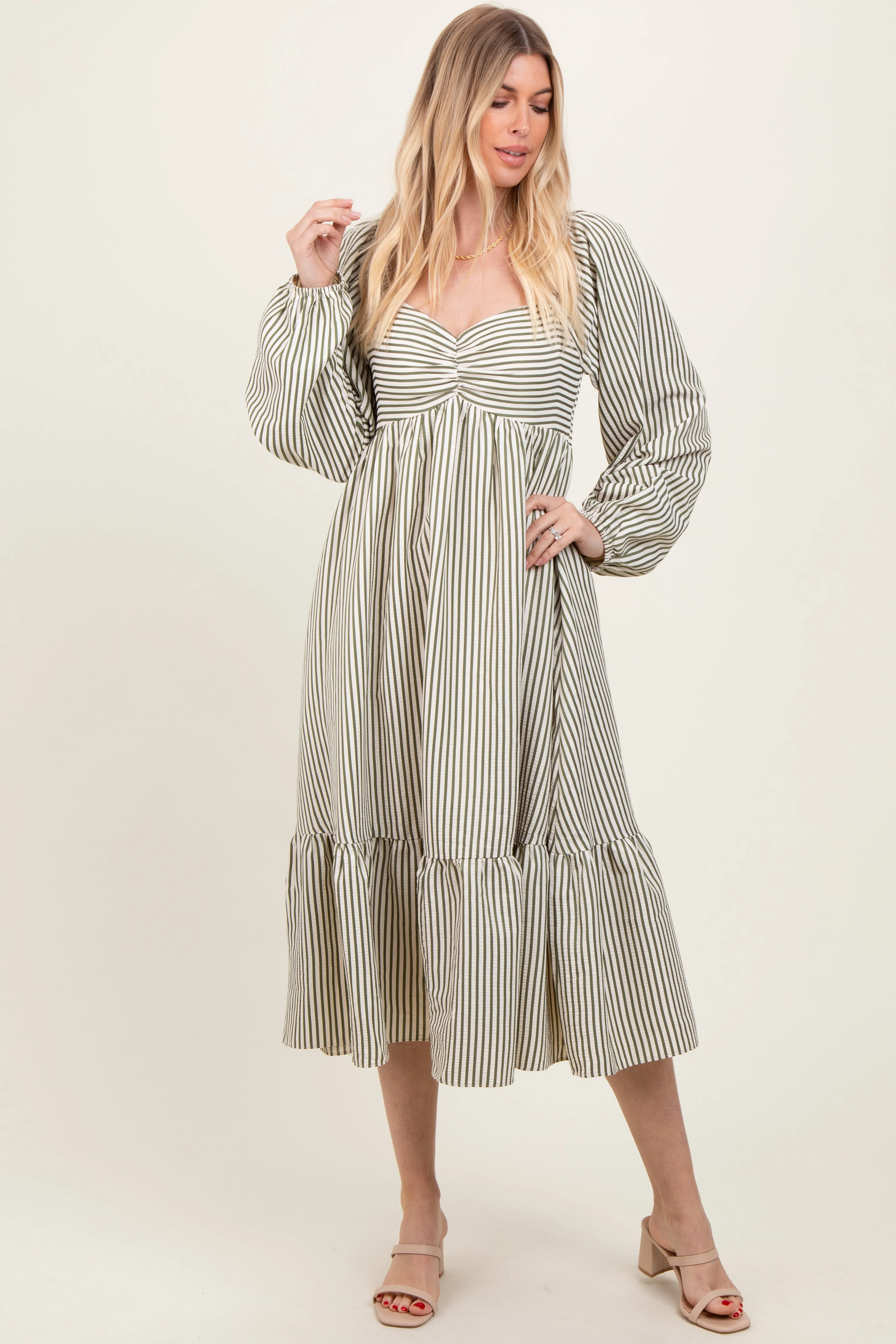 Olive Striped Ruched Bodice Balloon Sleeved Maternity Midi Dress sold by Pinkblush product image thumbnail 5