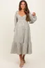 Olive Striped Ruched Bodice Balloon Sleeved Maternity Midi Dress sold by Pinkblush