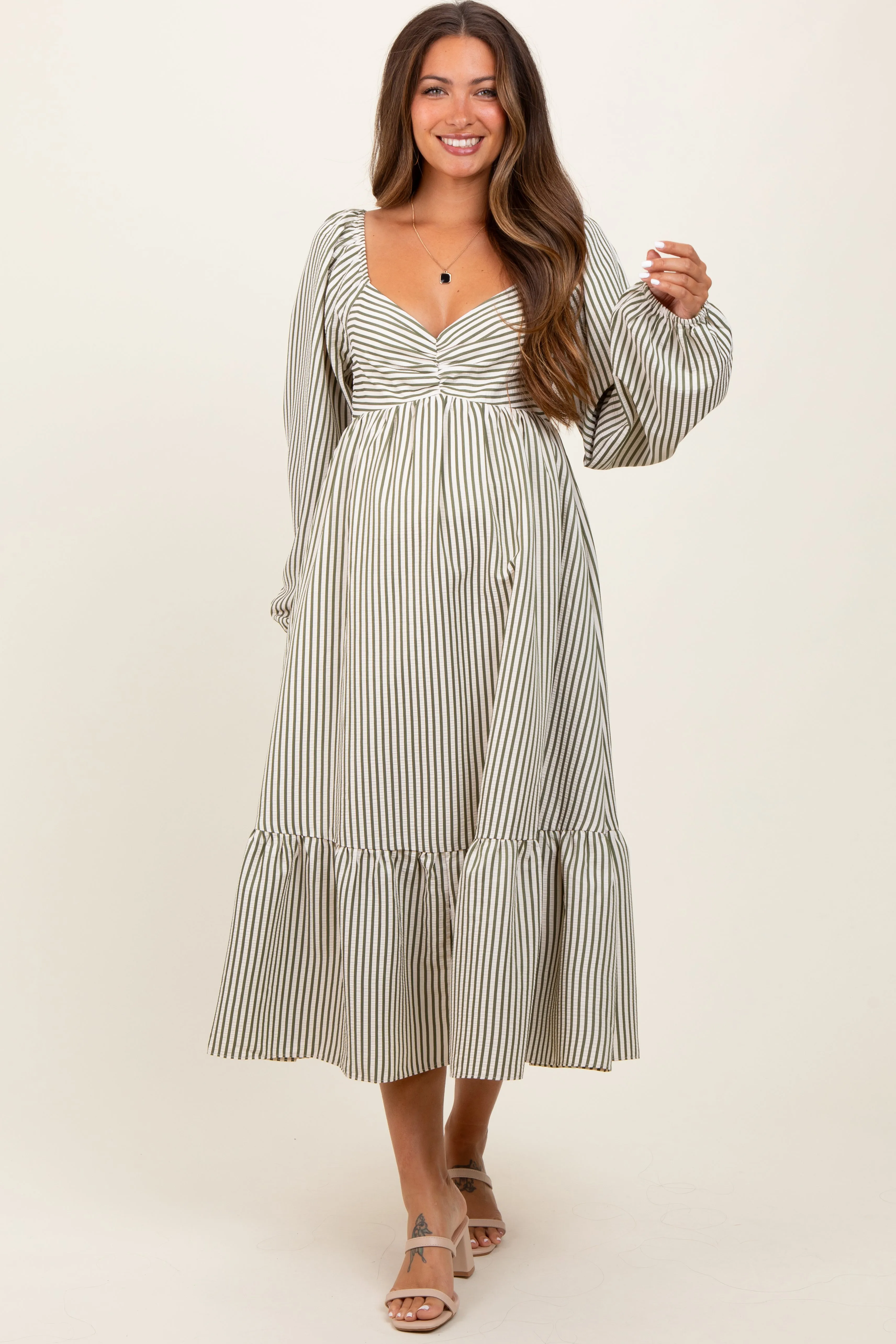 Olive Striped Ruched Bodice Balloon Sleeved Maternity Midi Dress sold by Pinkblush product image thumbnail 2