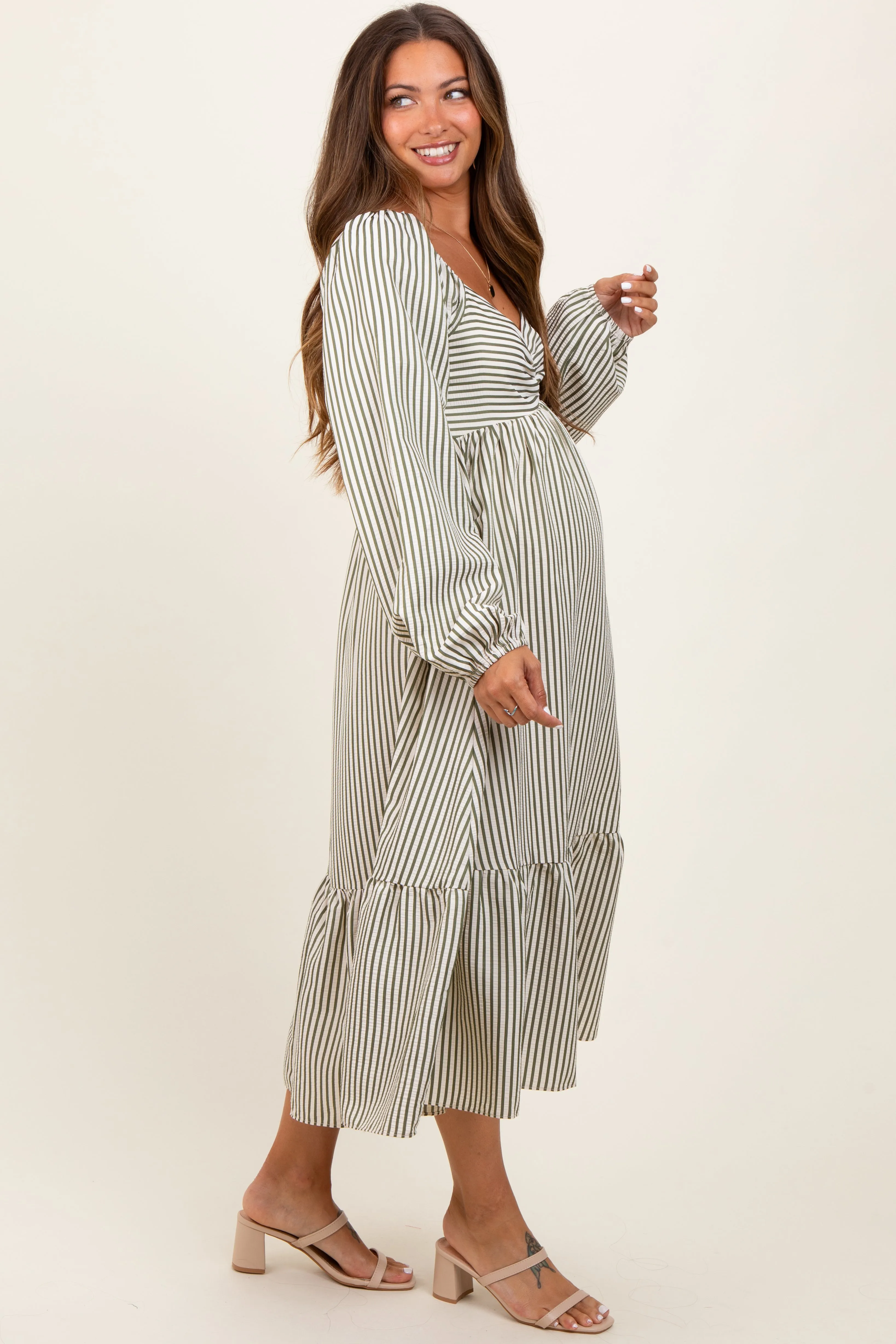 Olive Striped Ruched Bodice Balloon Sleeved Maternity Midi Dress sold by Pinkblush product image thumbnail 3