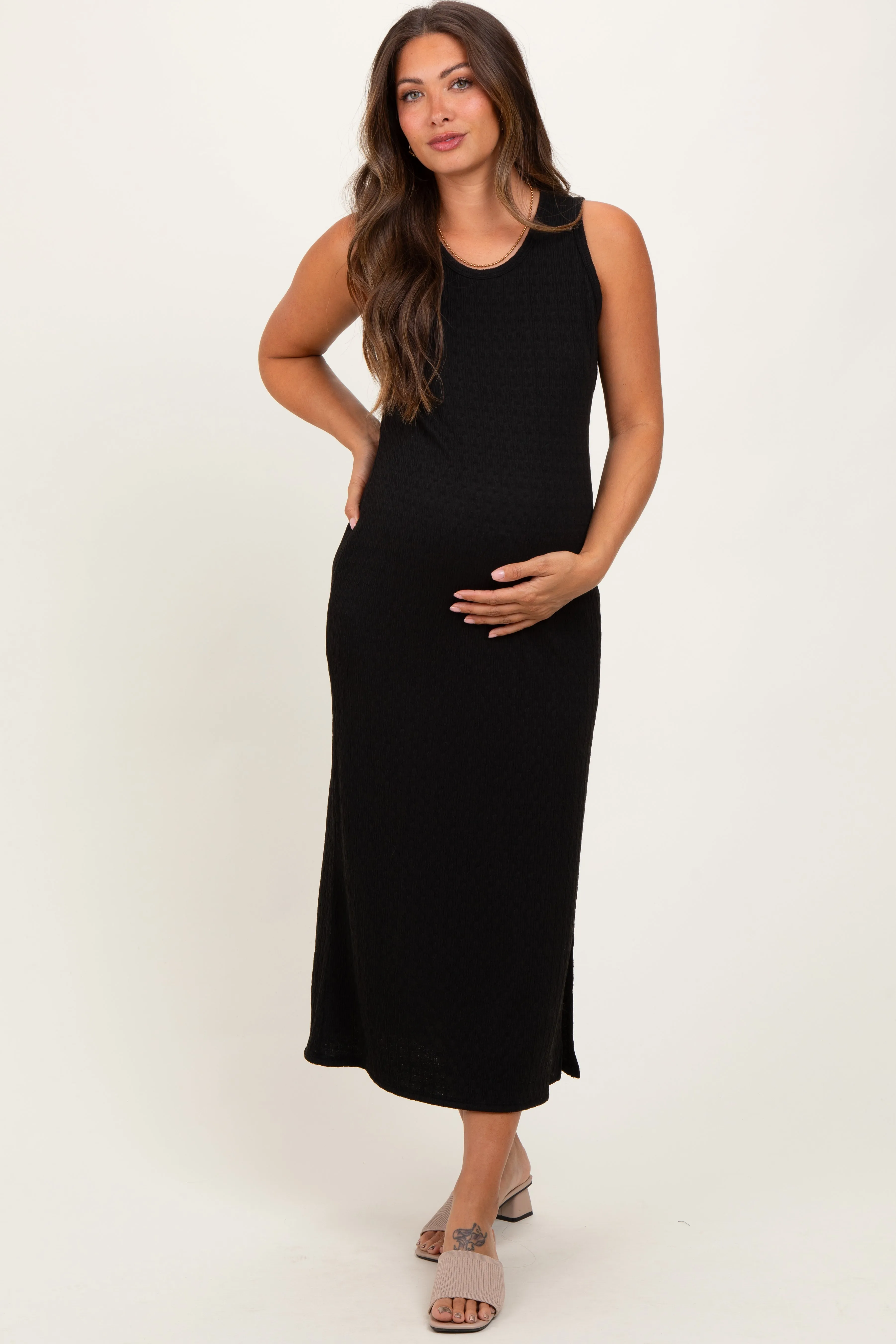 Black Jacquard Sleeveless Side Slit Maternity Midi Dress sold by Pinkblush