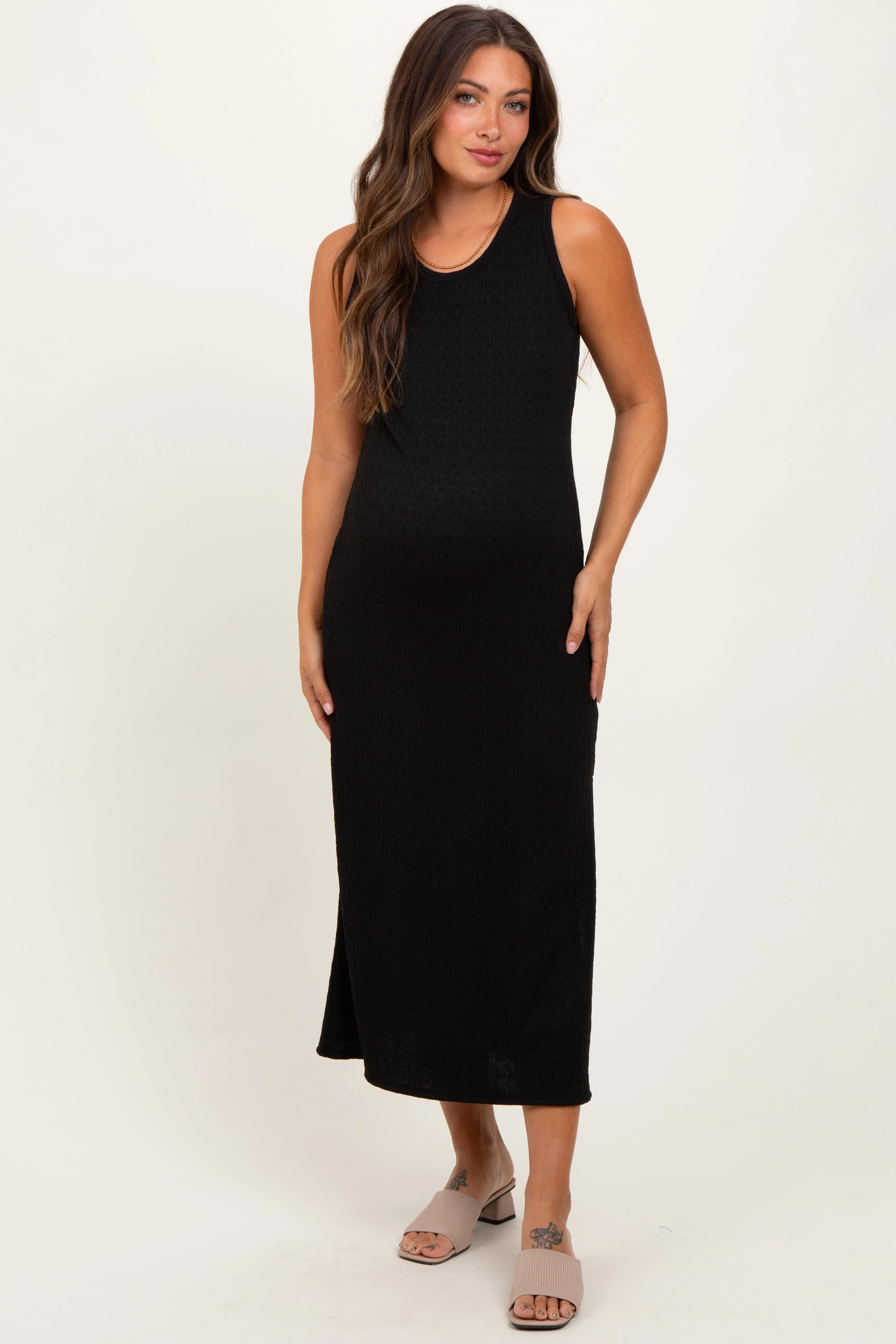 Black Jacquard Sleeveless Side Slit Maternity Midi Dress sold by Pinkblush product image thumbnail 2