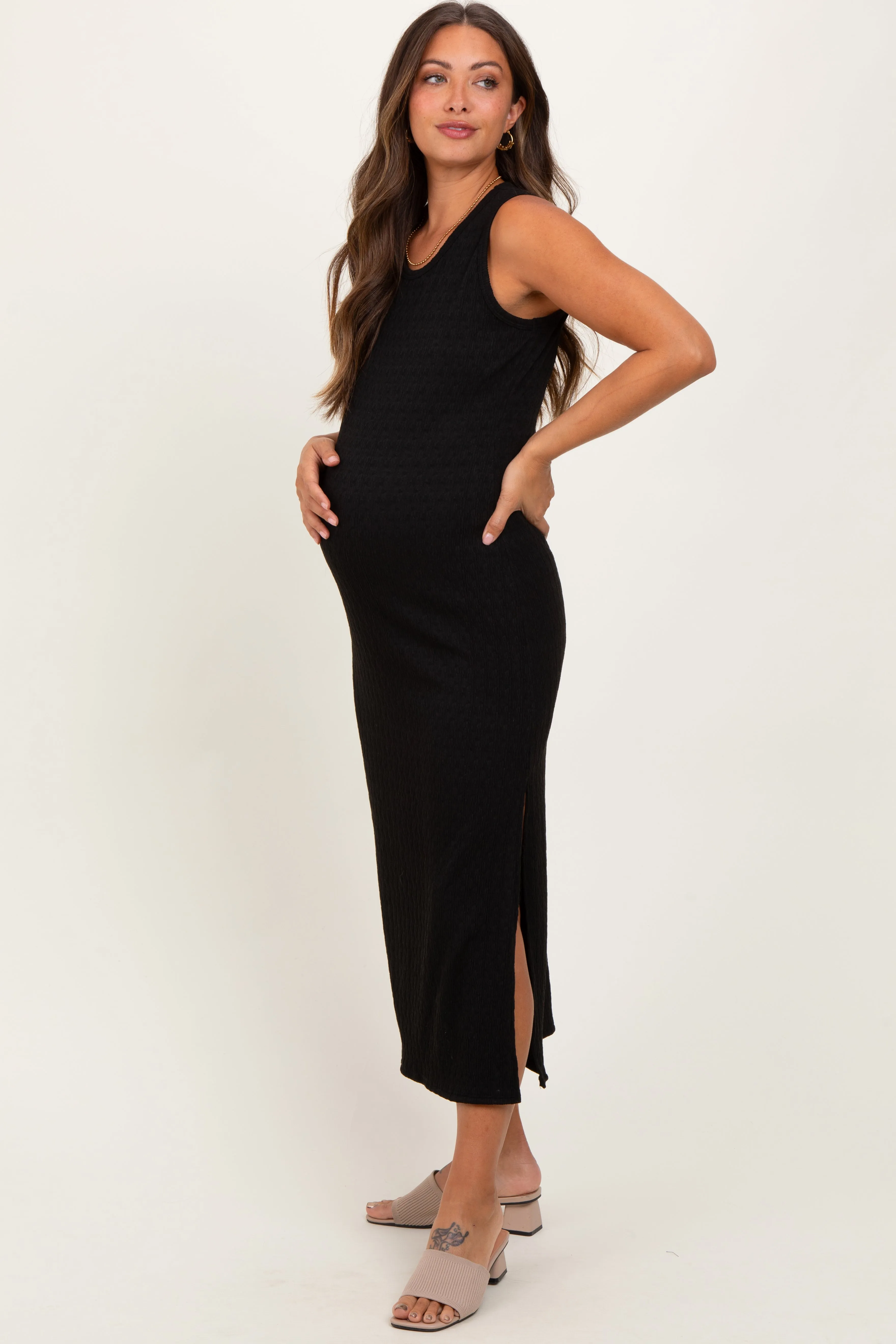 Black Jacquard Sleeveless Side Slit Maternity Midi Dress sold by Pinkblush product image thumbnail 3