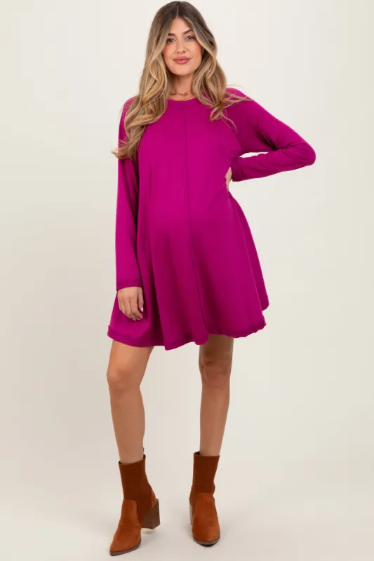 Magenta Crew Neck Flared Fit Long Sleeve Maternity Mini Dress sold by Pinkblush