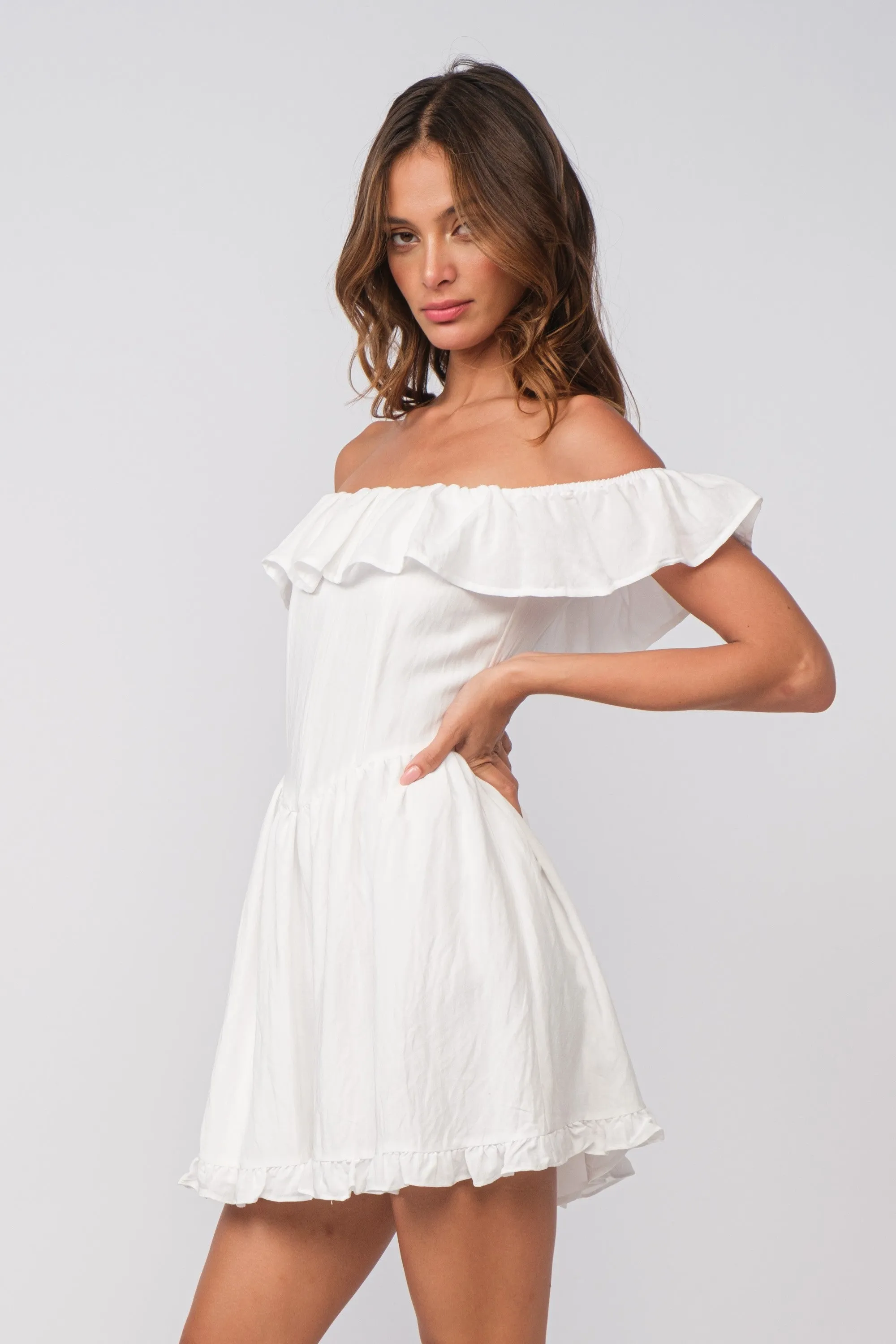 White Ruffle Off Shoulder Drop-Waist Mini Dress sold by Pinkblush product image thumbnail 4