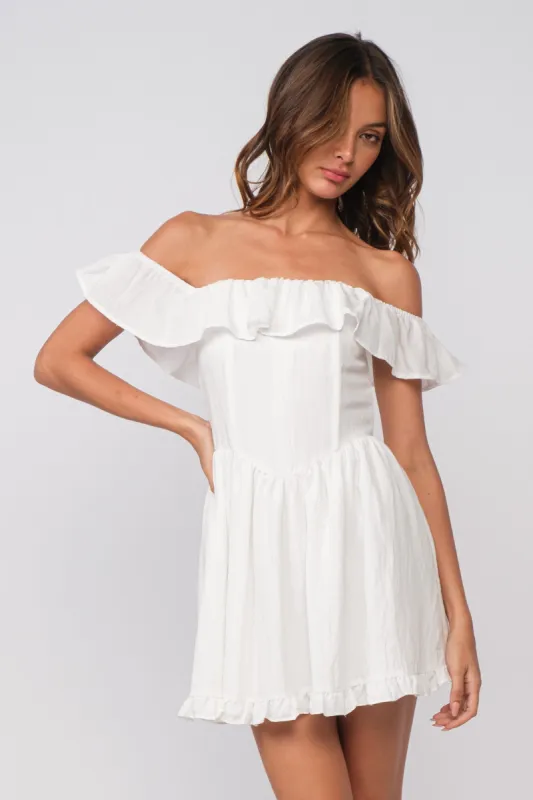 White Ruffle Off Shoulder Drop-Waist Mini Dress sold by Pinkblush