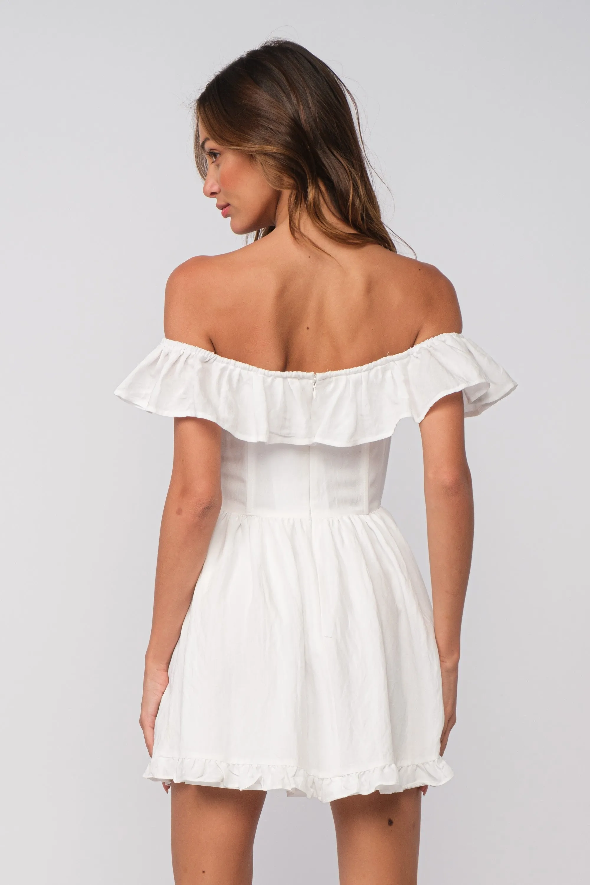 White Ruffle Off Shoulder Drop-Waist Mini Dress sold by Pinkblush product image thumbnail 5