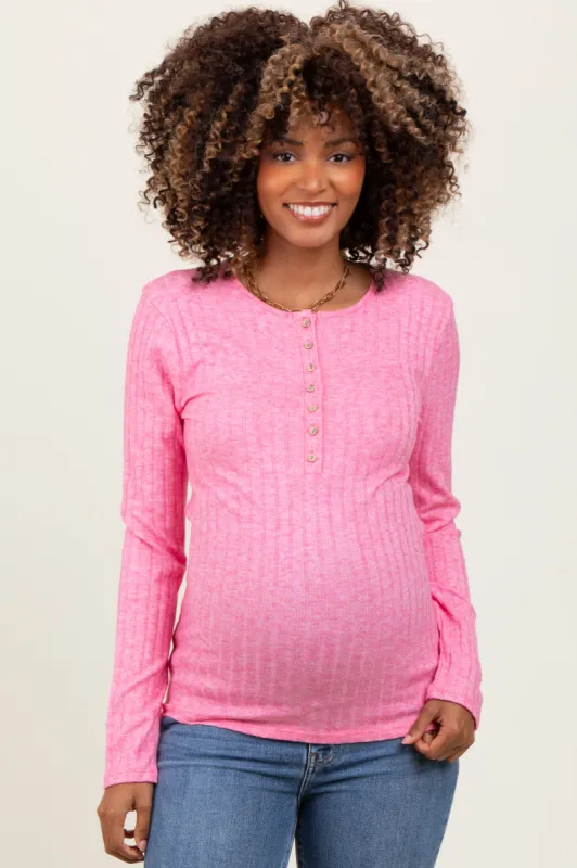 Fuchsia Ribbed Knit Button Long Sleeve Maternity Top sold by Pinkblush