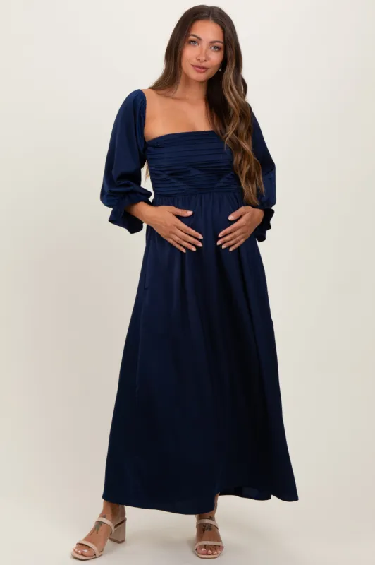 Navy Off Shoulder Satin Pleated Bodice Maternity Maxi Dress sold by Pinkblush