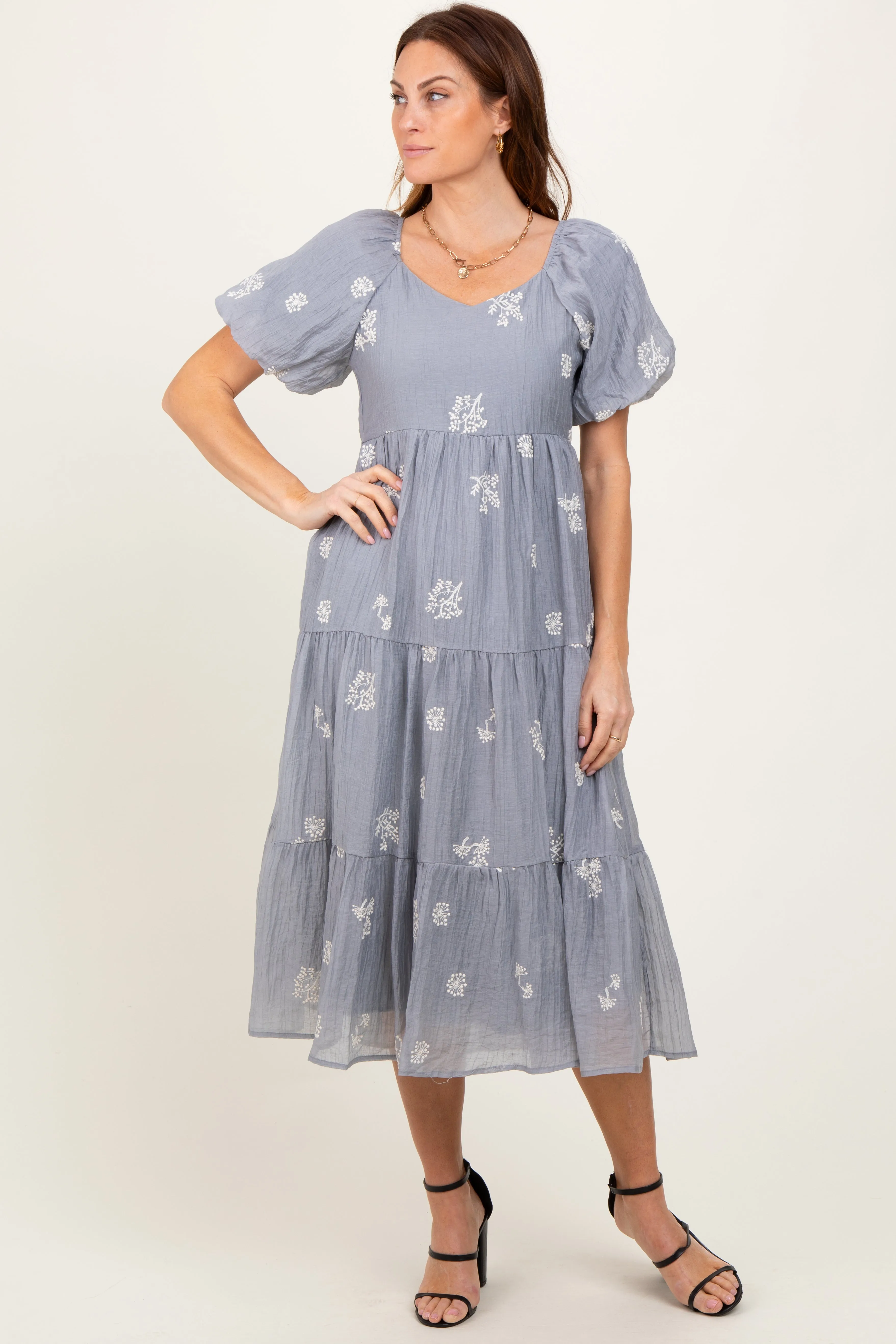 Light Blue Floral Embroidered Tiered Midi Dress sold by Pinkblush
