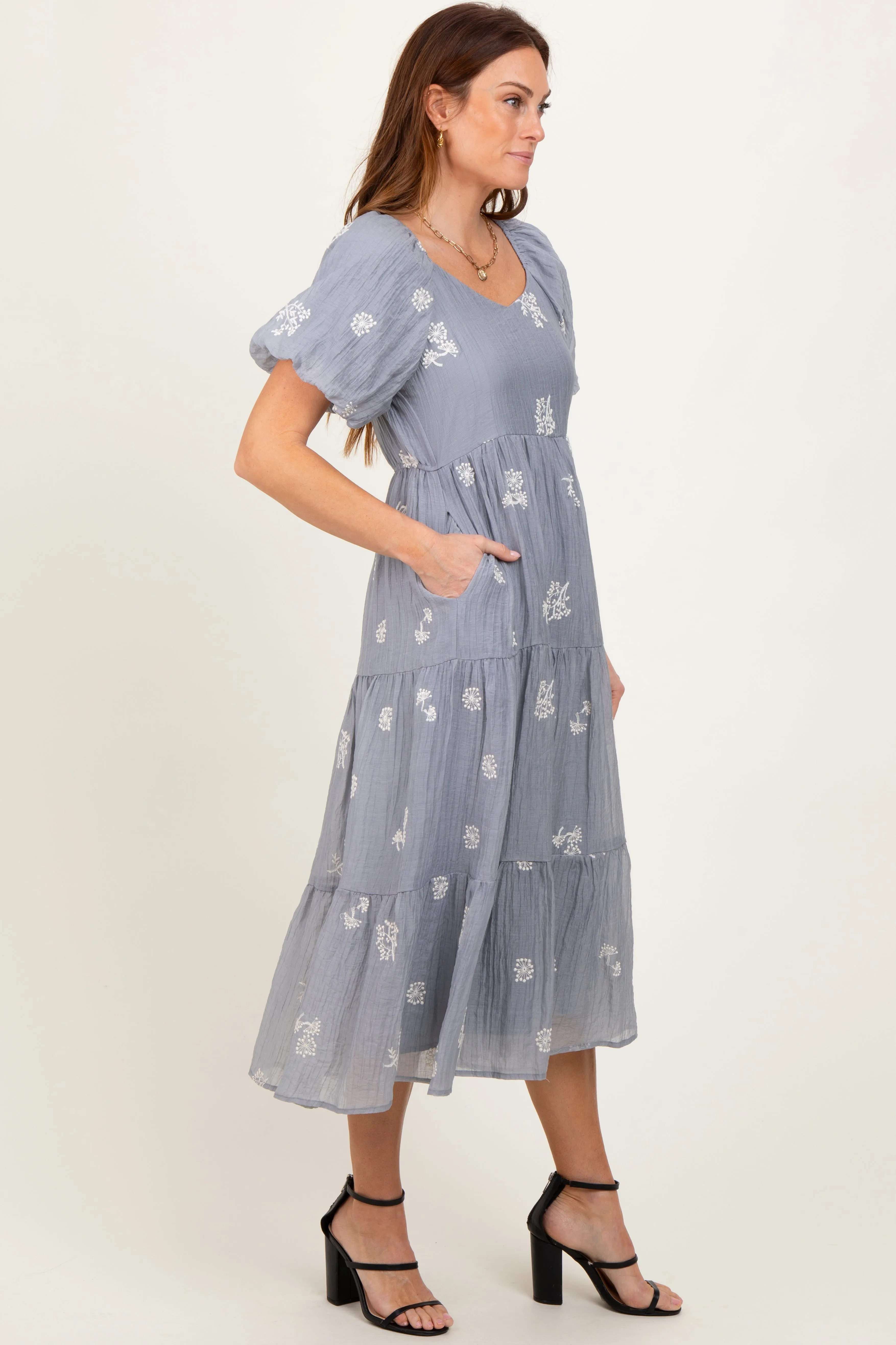 Light Blue Floral Embroidered Tiered Midi Dress sold by Pinkblush product image thumbnail 2