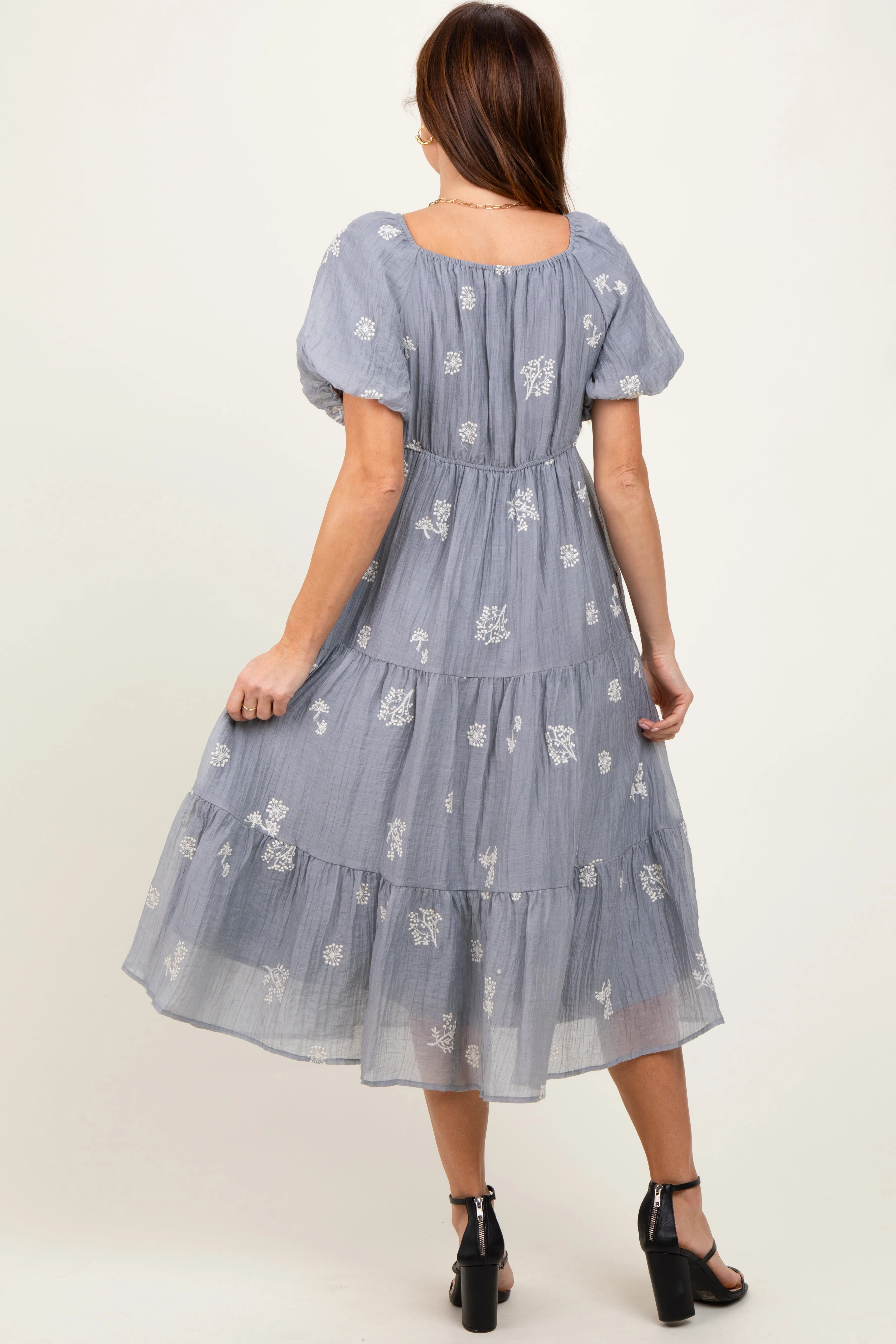 Light Blue Floral Embroidered Tiered Midi Dress sold by Pinkblush product image thumbnail 3