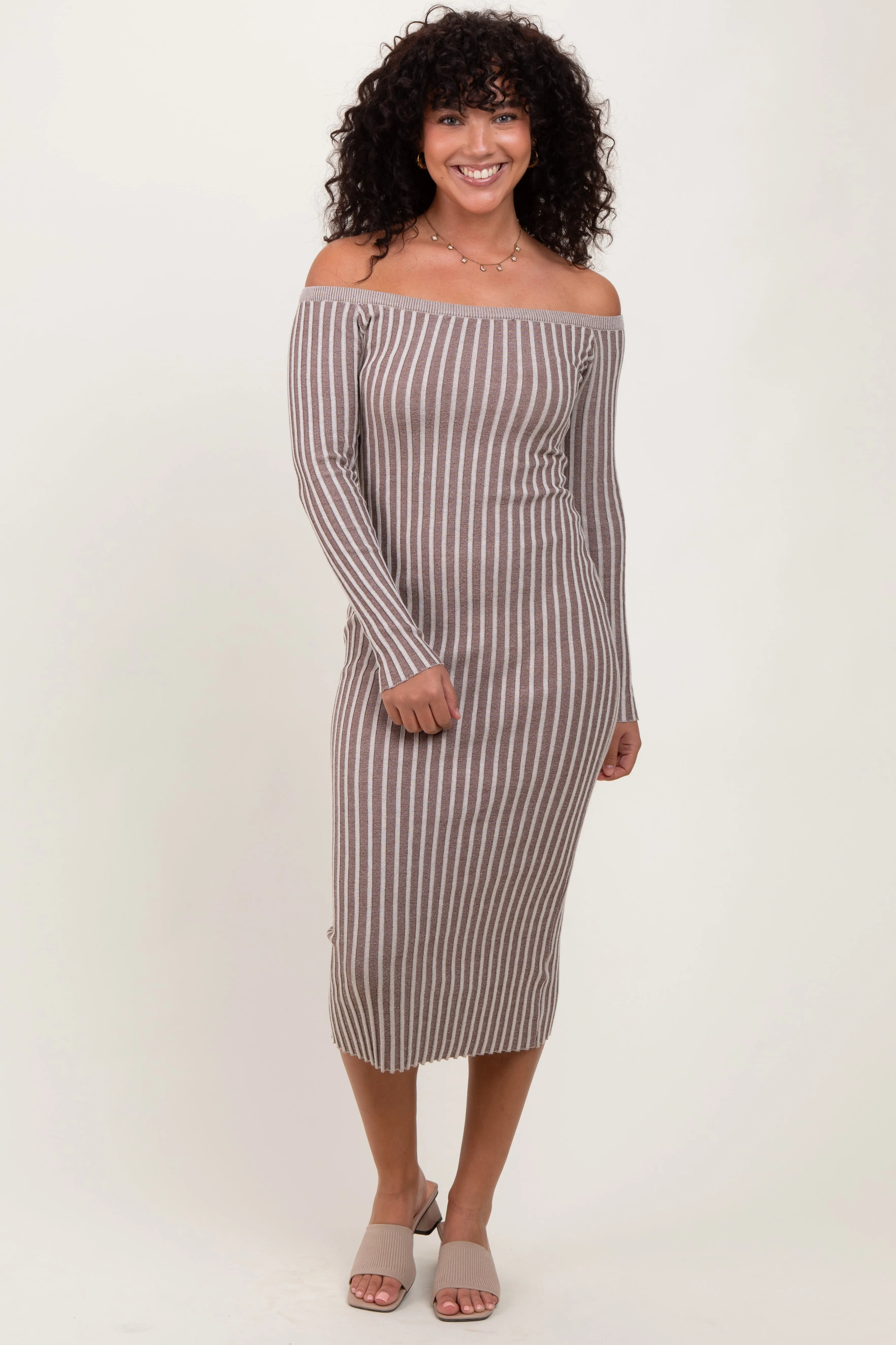 Taupe Striped Off Shoulder Midi Sweater Dress sold by Pinkblush product image thumbnail 2