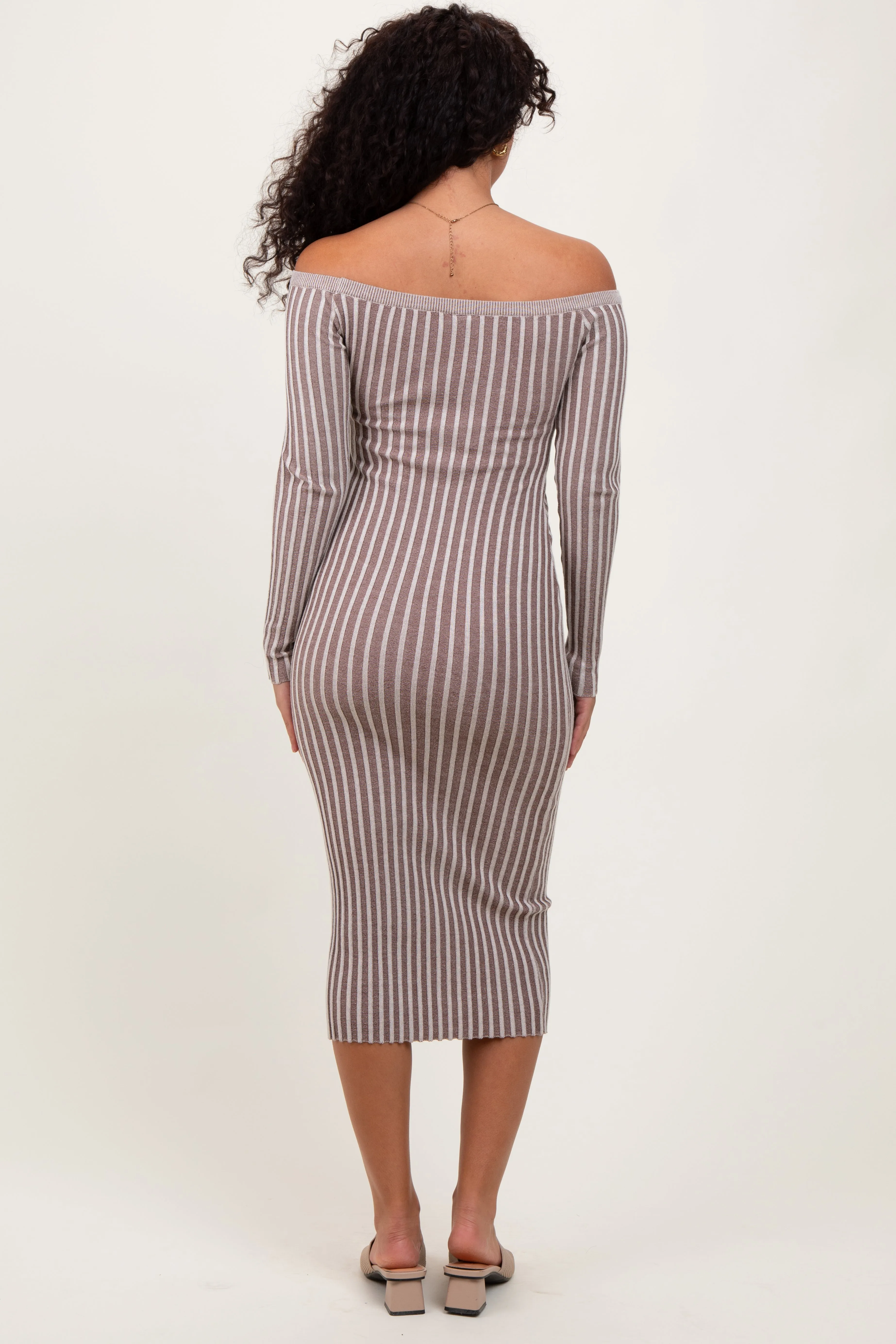 Taupe Striped Off Shoulder Midi Sweater Dress sold by Pinkblush product image thumbnail 4