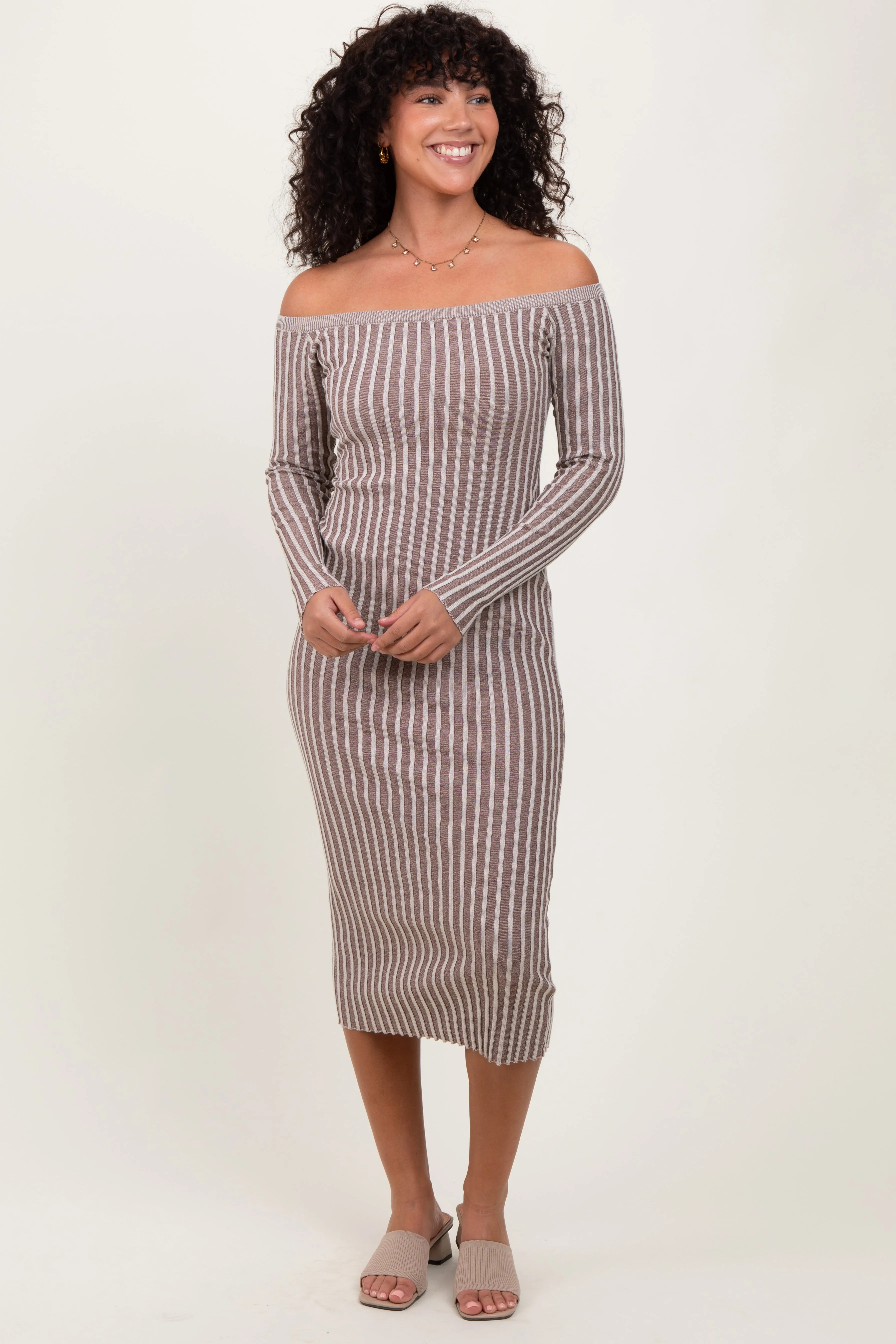 Taupe Striped Off Shoulder Midi Sweater Dress sold by Pinkblush