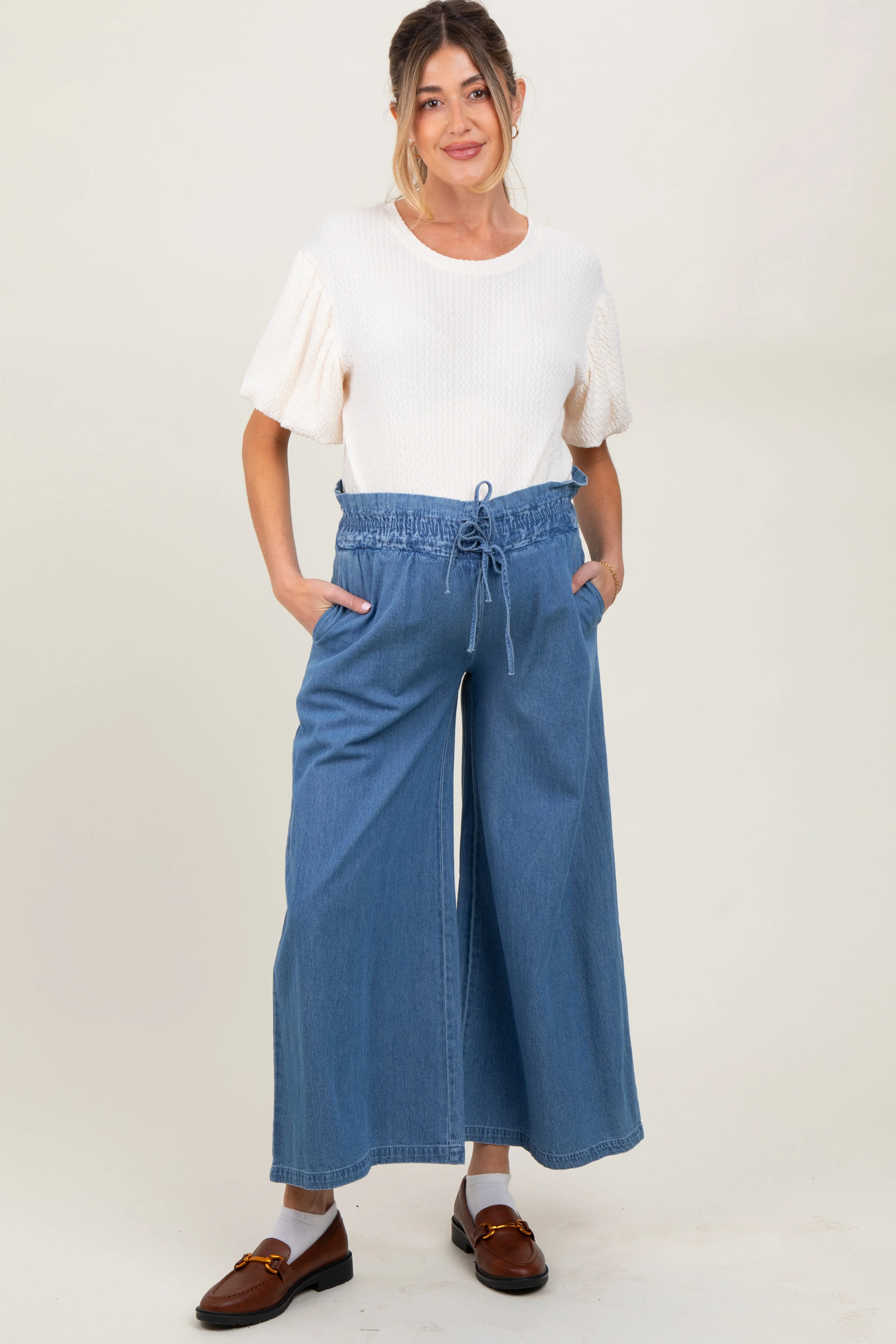 Denim Flowy Cropped Maternity Pant sold by Pinkblush
