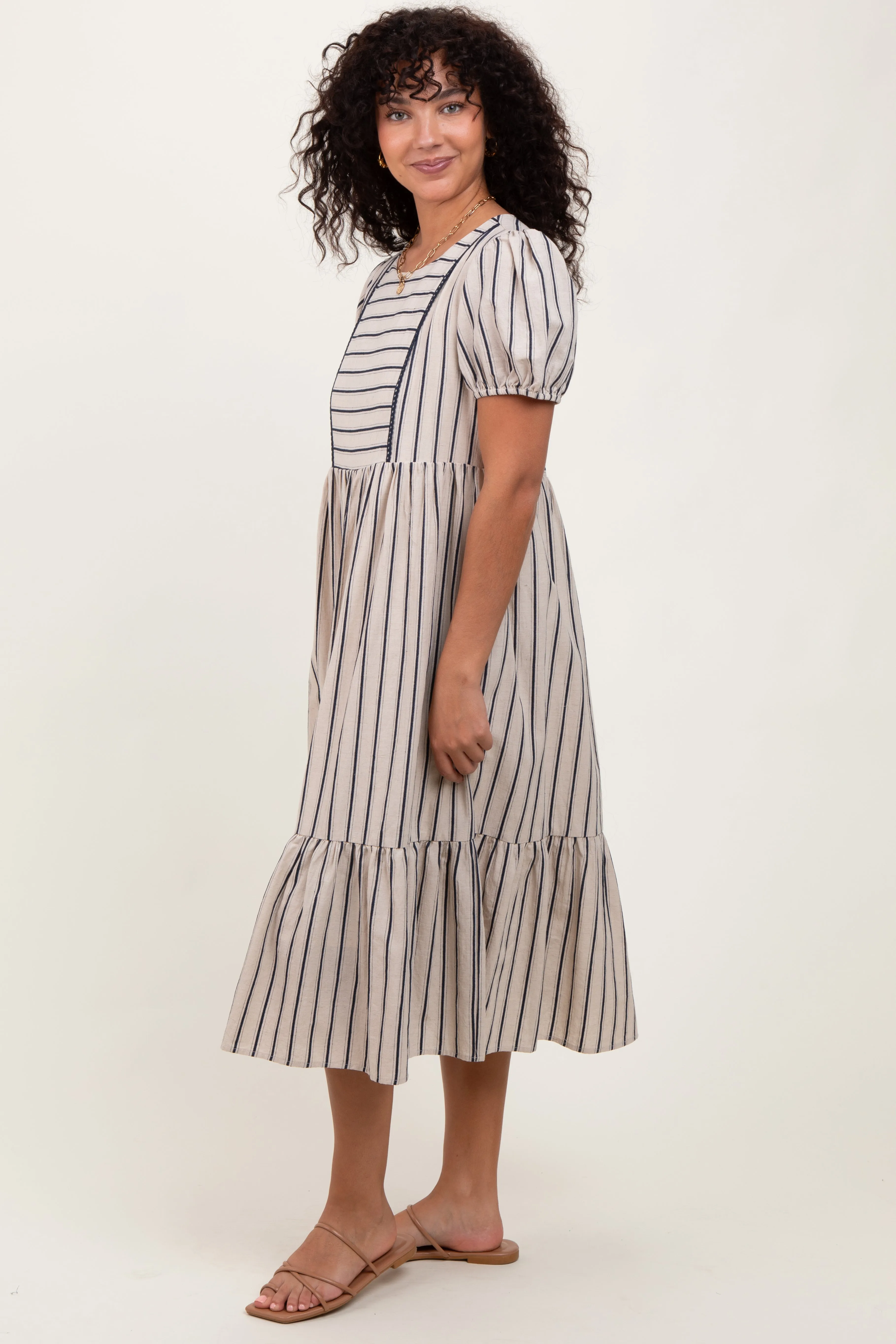 Beige Striped Short Sleeve Midi Dress sold by Pinkblush