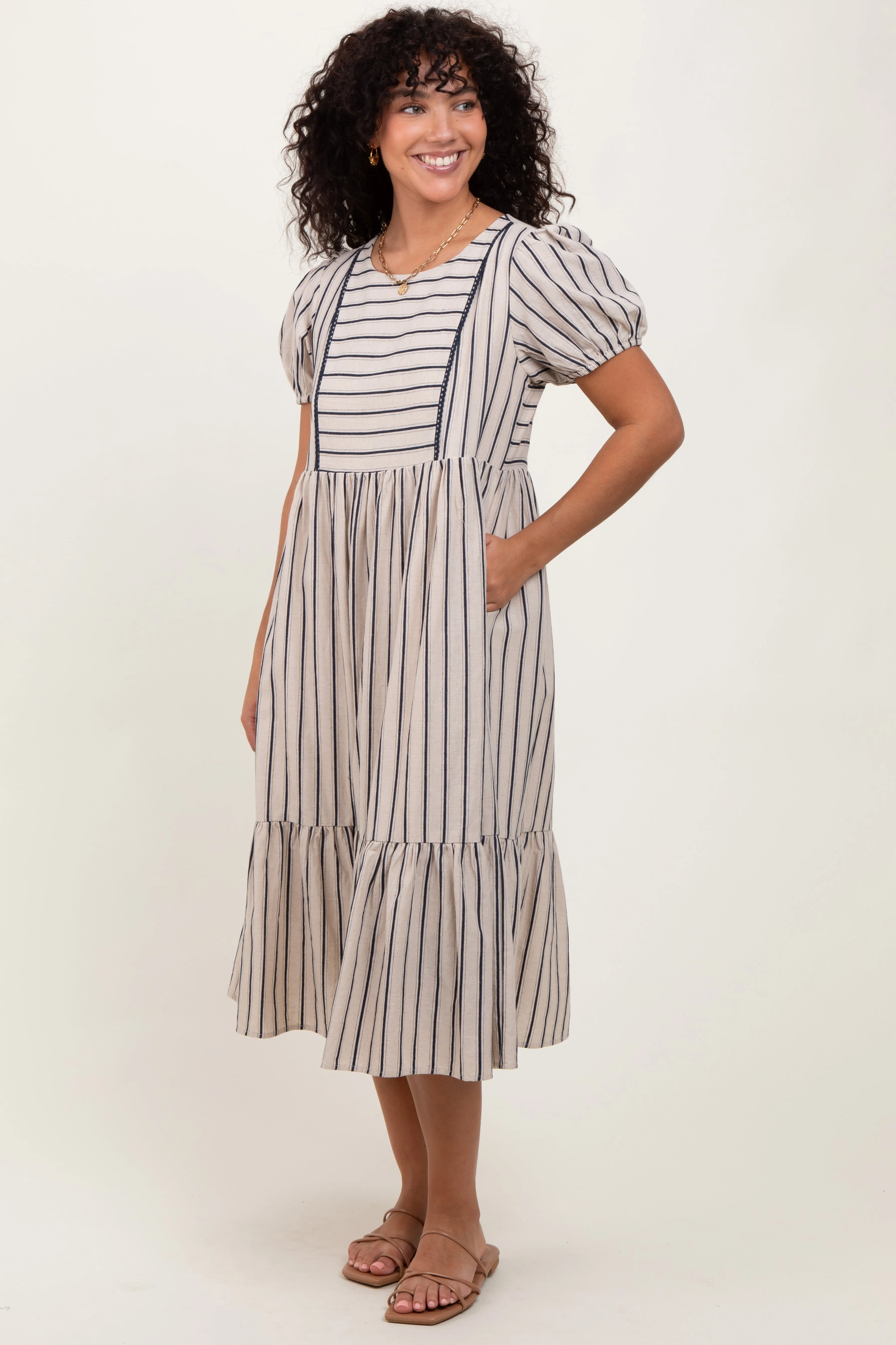 Beige Striped Short Sleeve Midi Dress sold by Pinkblush product image thumbnail 2