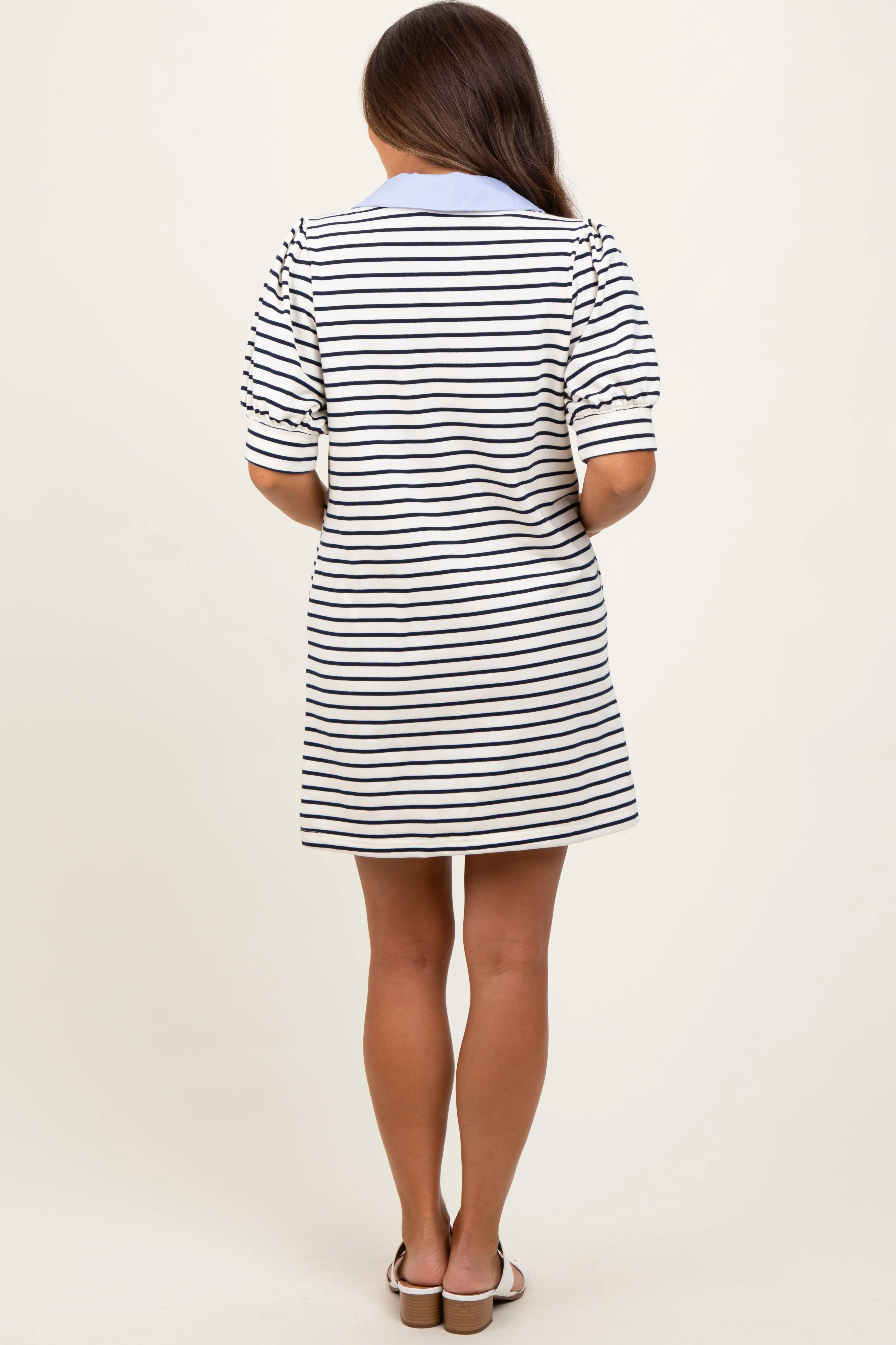 White Striped Collared Puff Sleeve Maternity Dress sold by Pinkblush product image thumbnail 4