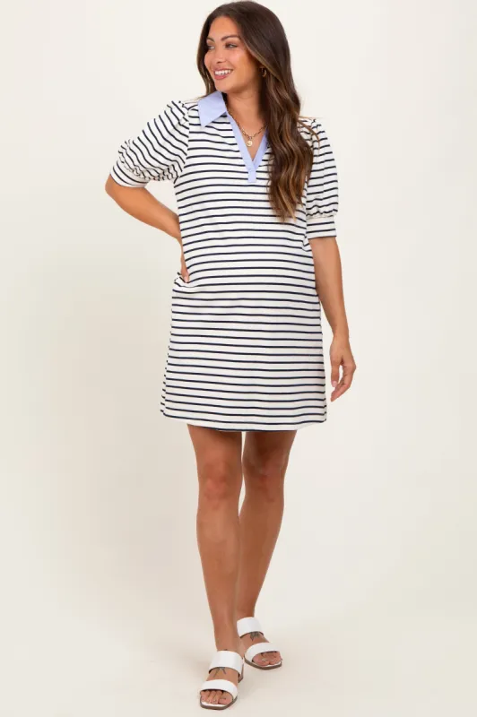 White Striped Collared Puff Sleeve Maternity Dress sold by Pinkblush