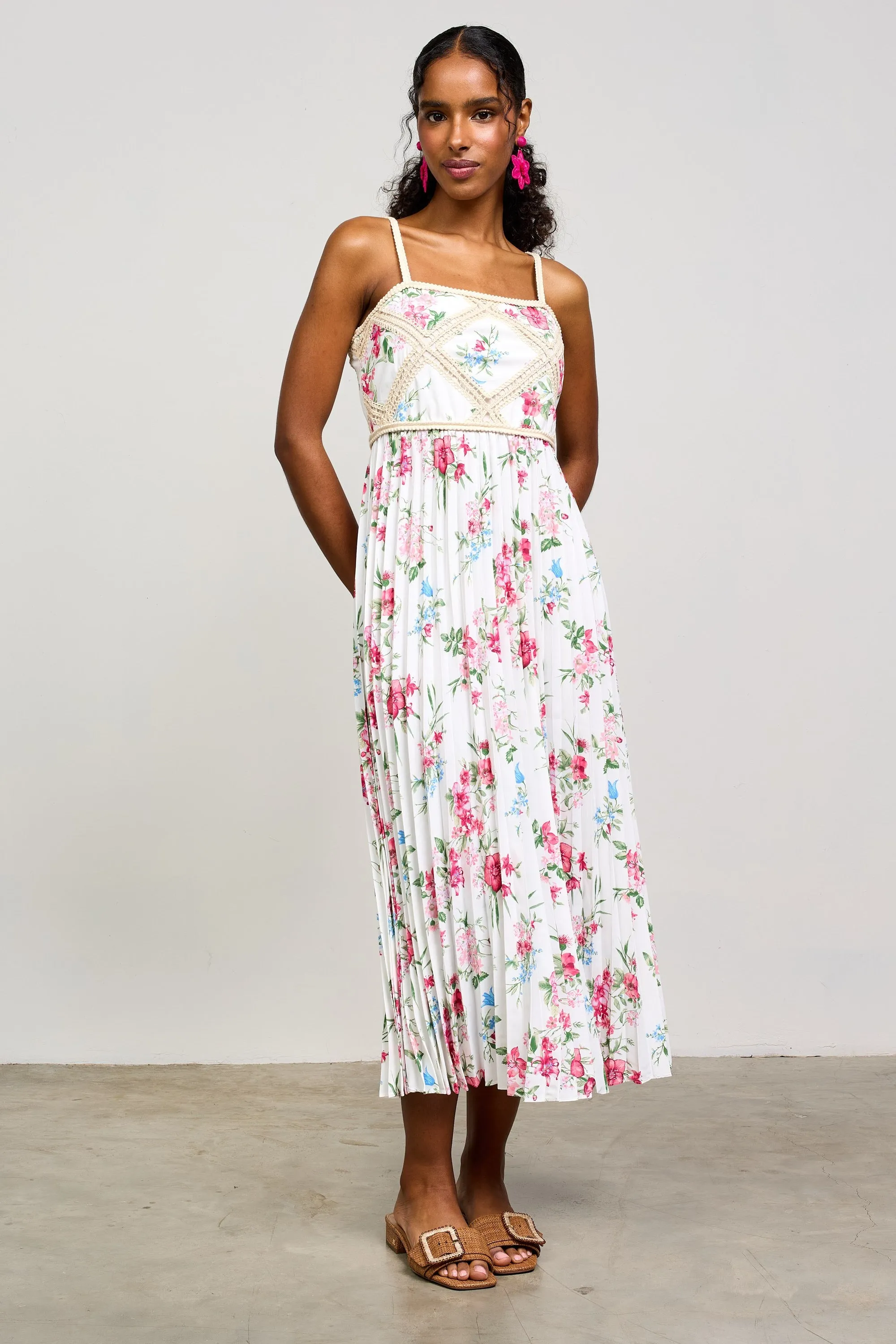 White Floral Pleated Crotchet Detail Midi Dress sold by Pinkblush product image thumbnail 2