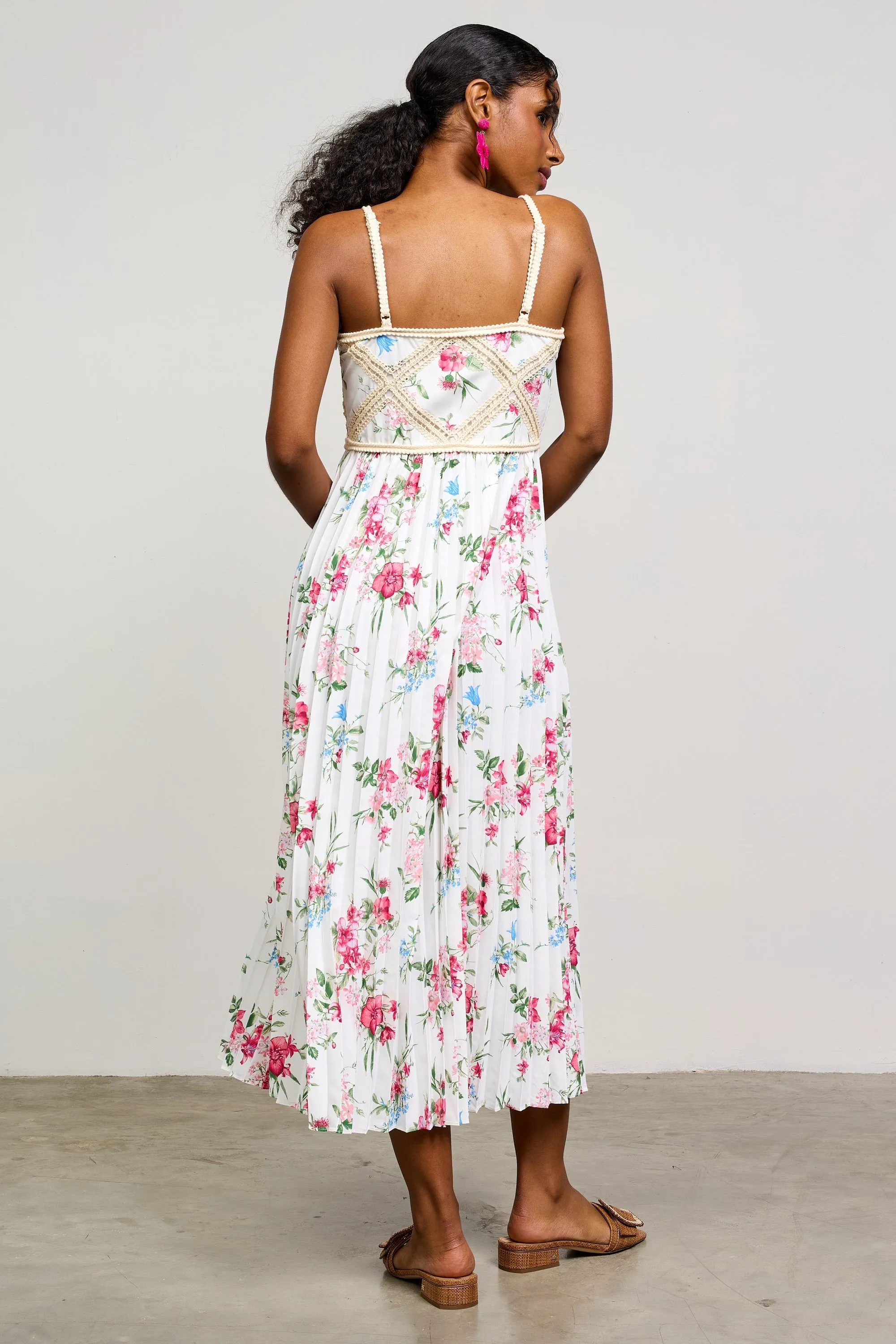 White Floral Pleated Crotchet Detail Midi Dress sold by Pinkblush product image thumbnail 4