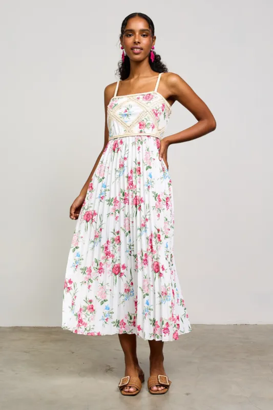 White Floral Pleated Crotchet Detail Midi Dress sold by Pinkblush