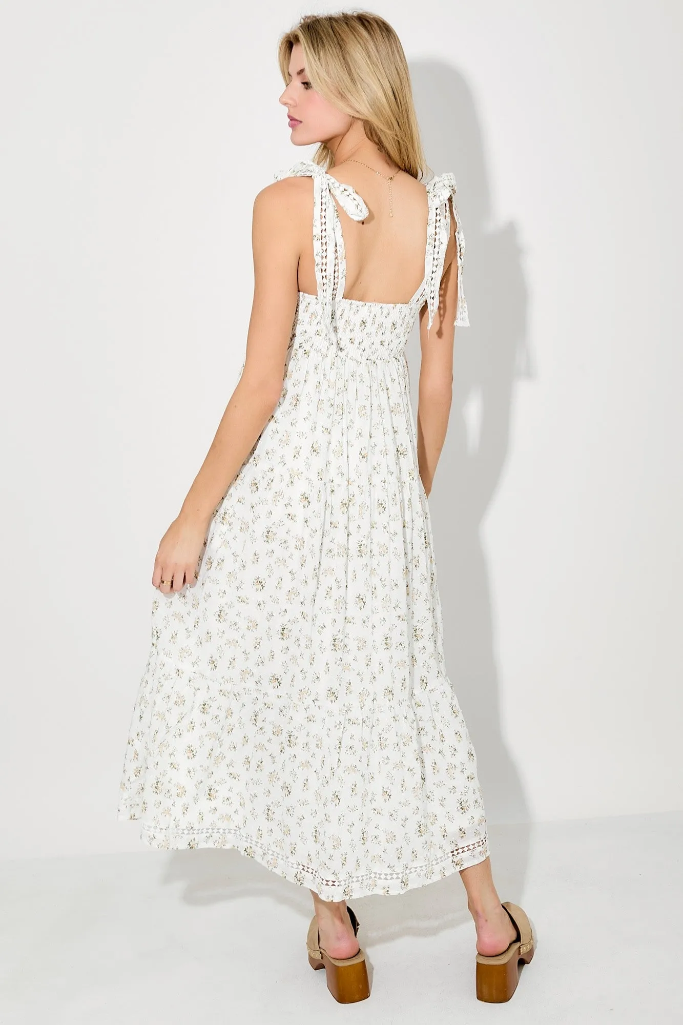 Light Yellow Floral Shoulder Tie Midi Dress sold by Pinkblush product image thumbnail 3