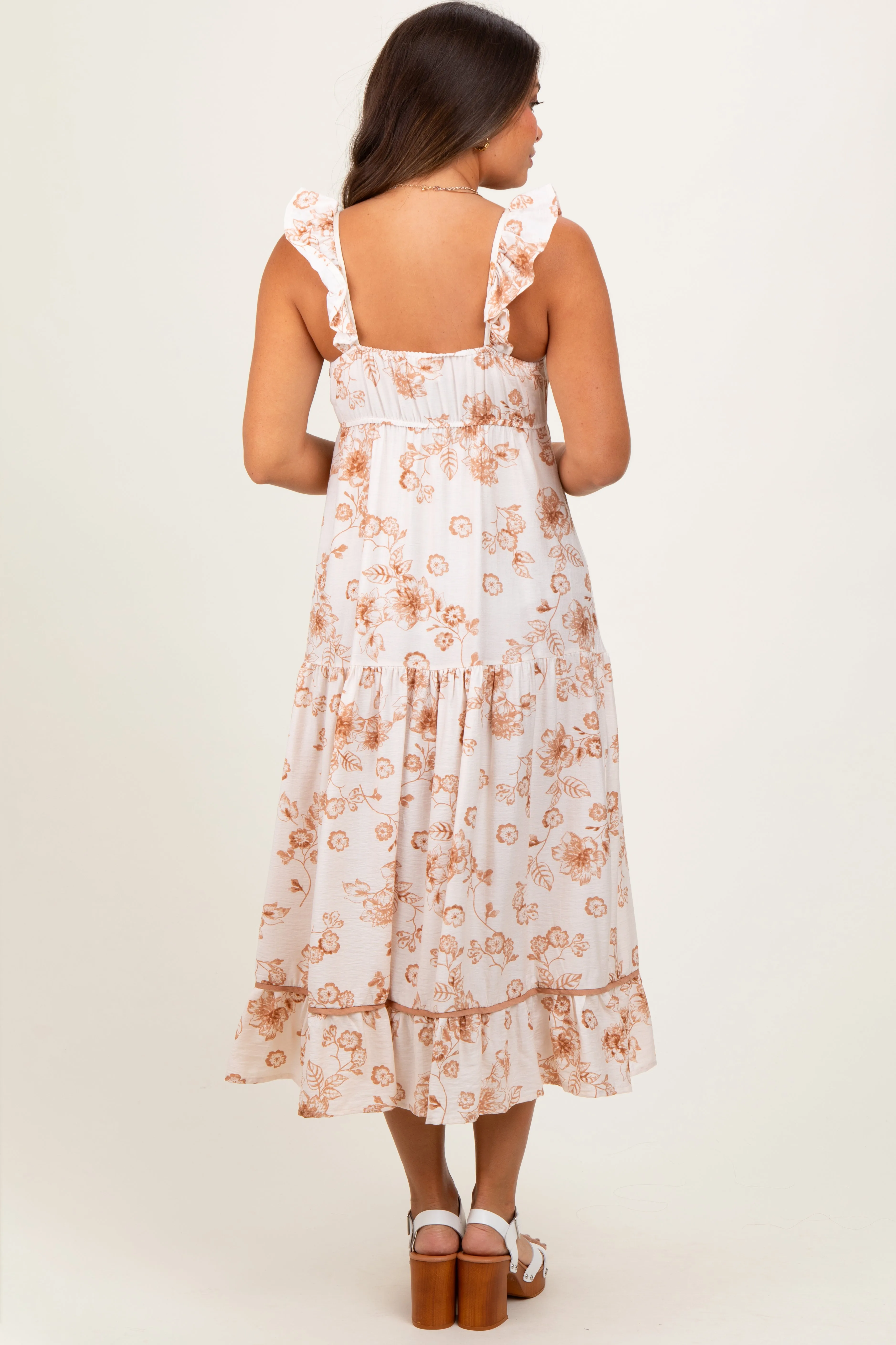 Brown Floral Ruffle Strap Tiered Maternity Midi Dress sold by Pinkblush product image thumbnail 4