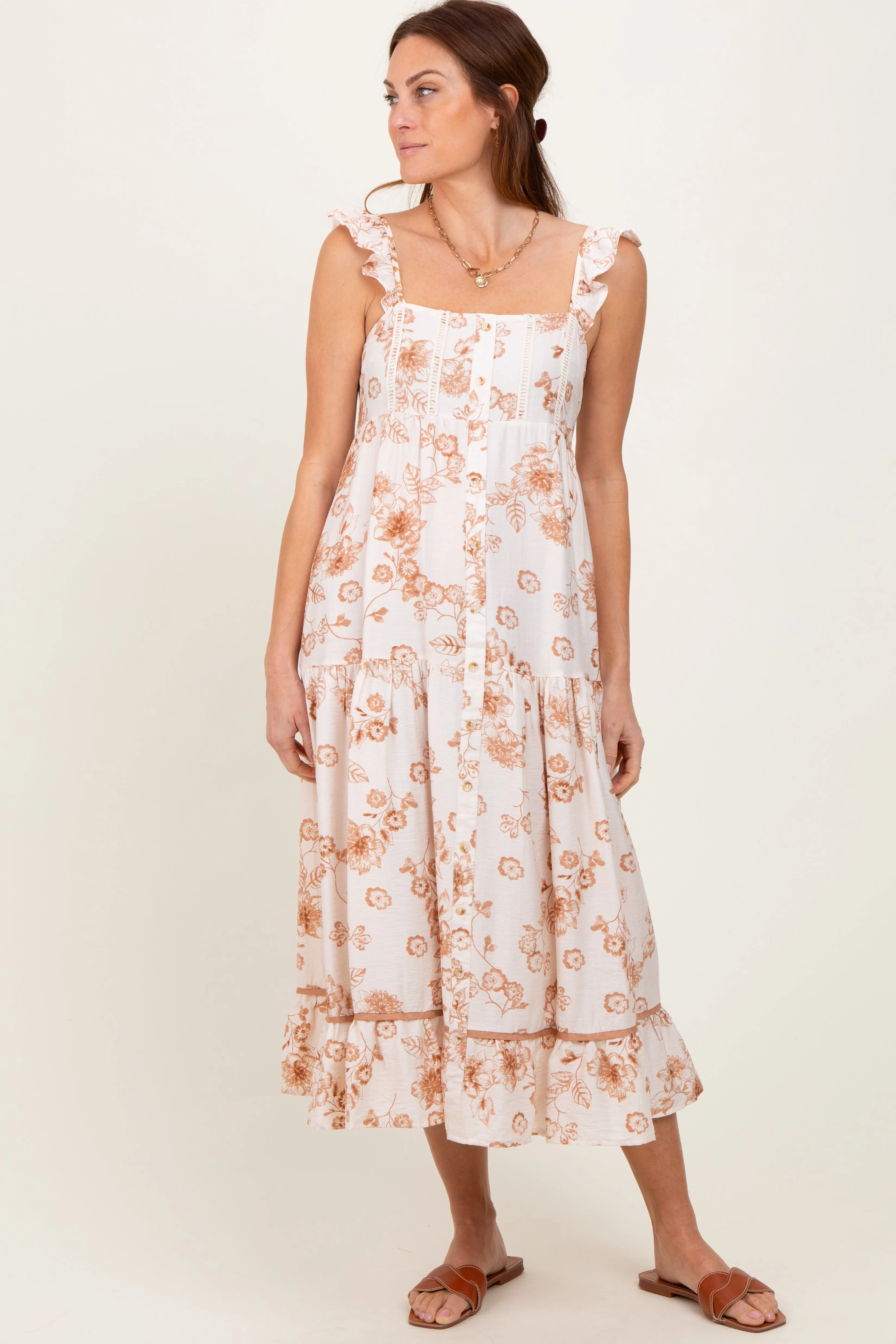 Brown Floral Ruffle Strap Tiered Maternity Midi Dress sold by Pinkblush product image thumbnail 5