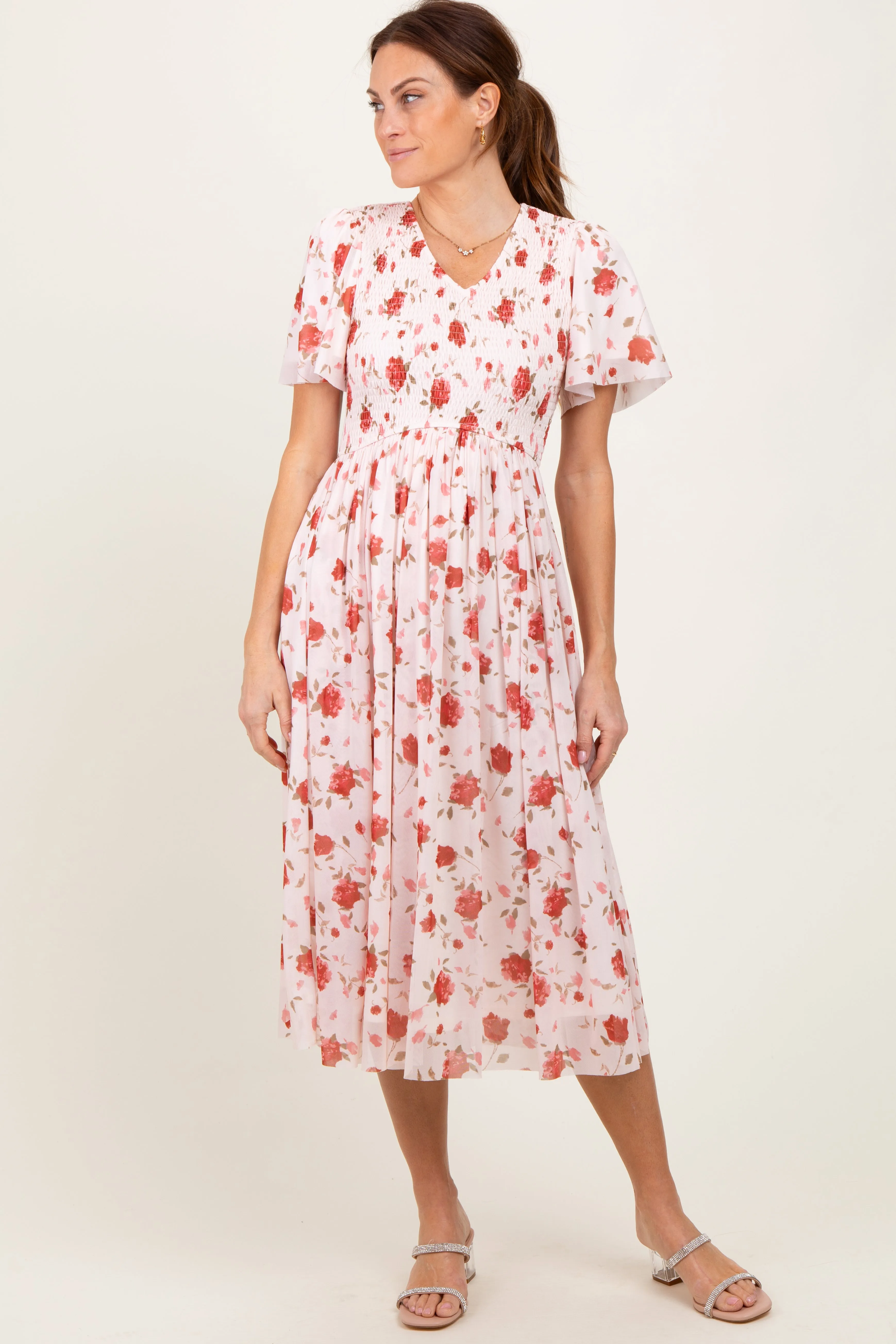 Light Pink Floral Smocked V-Neck Midi Dress sold by Pinkblush