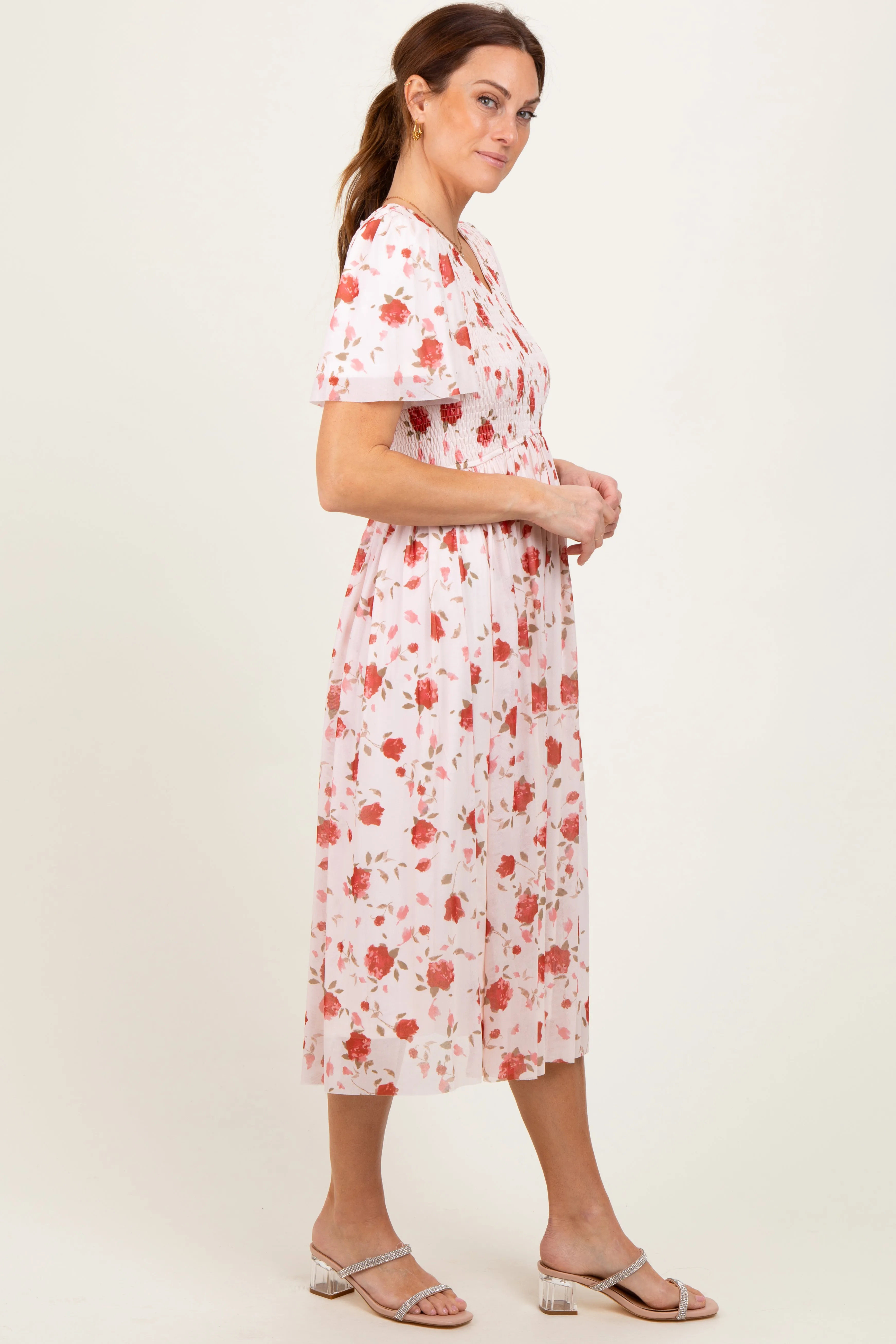 Light Pink Floral Smocked V-Neck Midi Dress sold by Pinkblush product image thumbnail 2