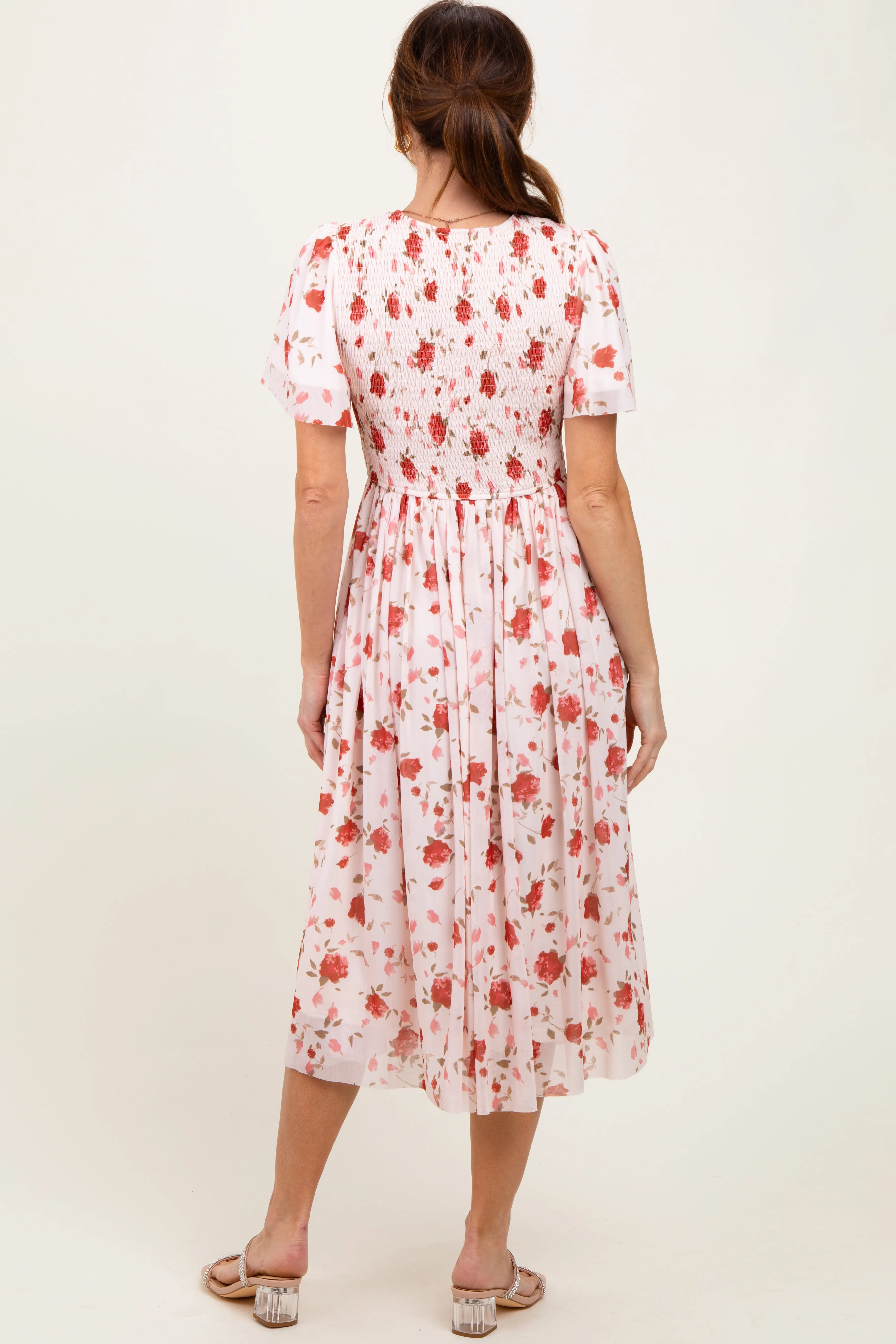 Light Pink Floral Smocked V-Neck Midi Dress sold by Pinkblush product image thumbnail 3