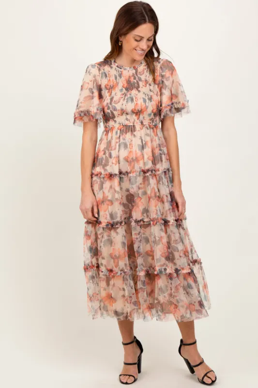 Peach Floral Mesh Smocked Midi Dress sold by Pinkblush