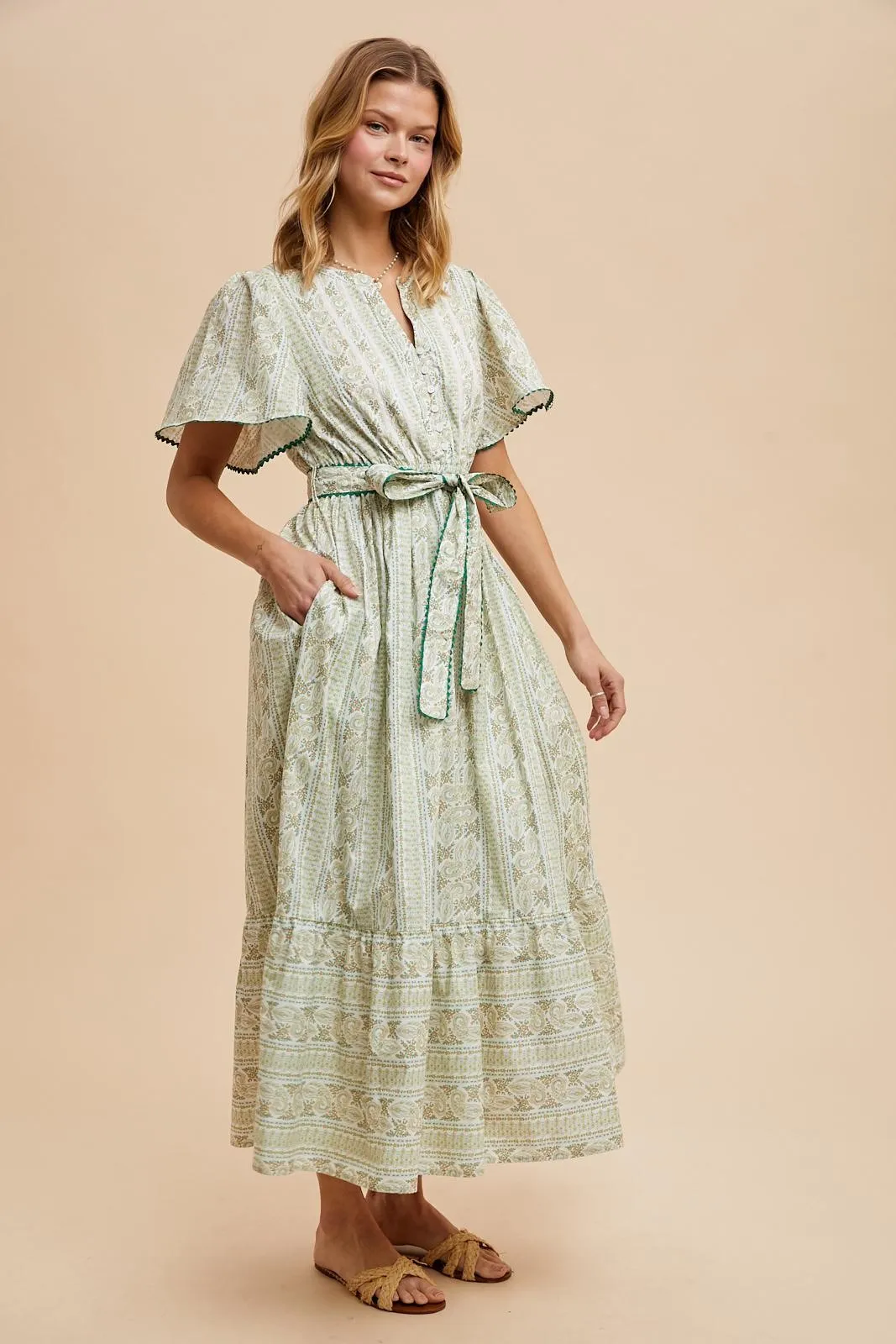Green Floral Flutter Sleeve Waist Tie Maxi Dress sold by Pinkblush product image thumbnail 3