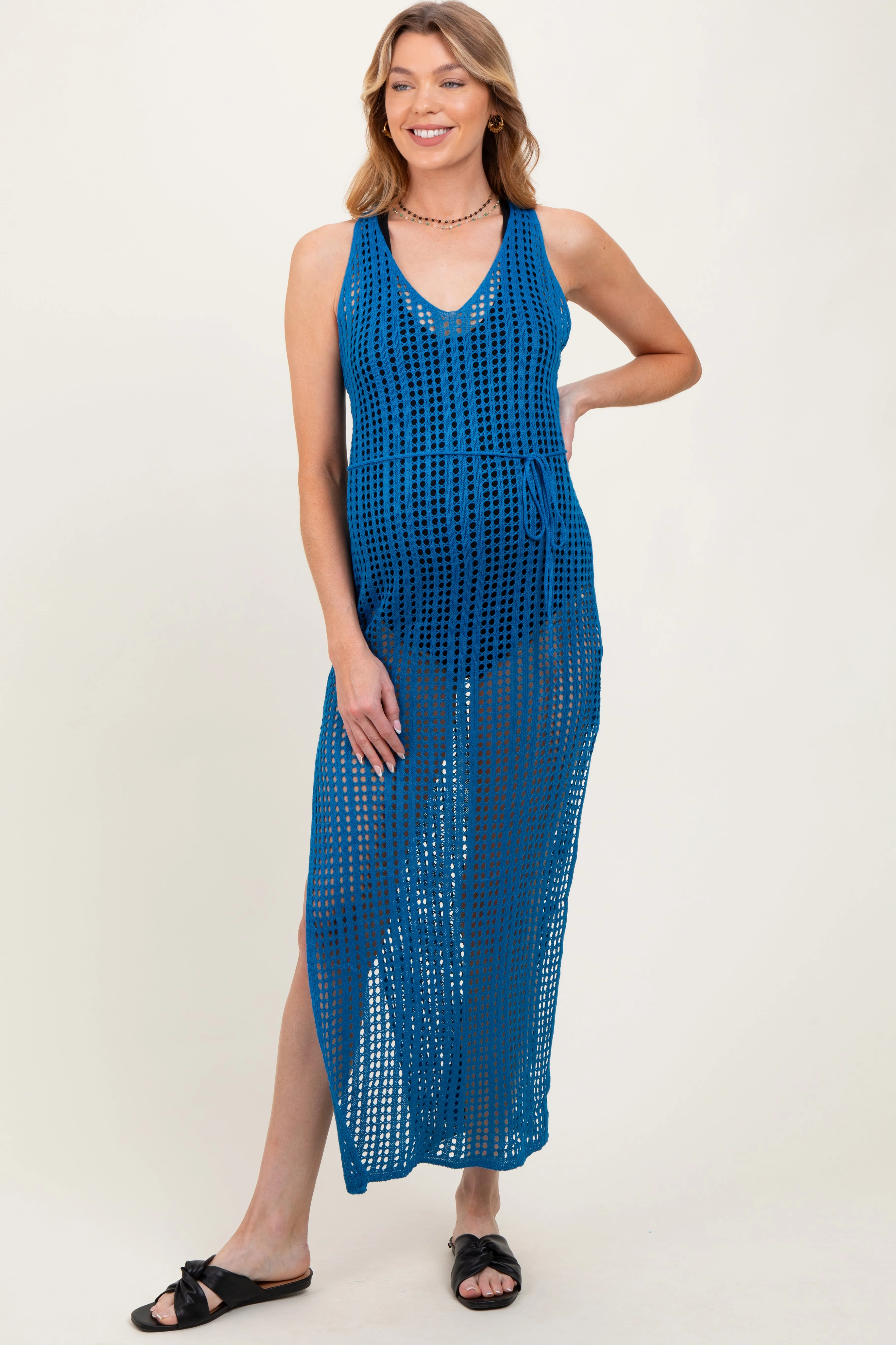 Blue Crochet V-Neck Side Slit Maternity Cover Up sold by Pinkblush product image thumbnail 2