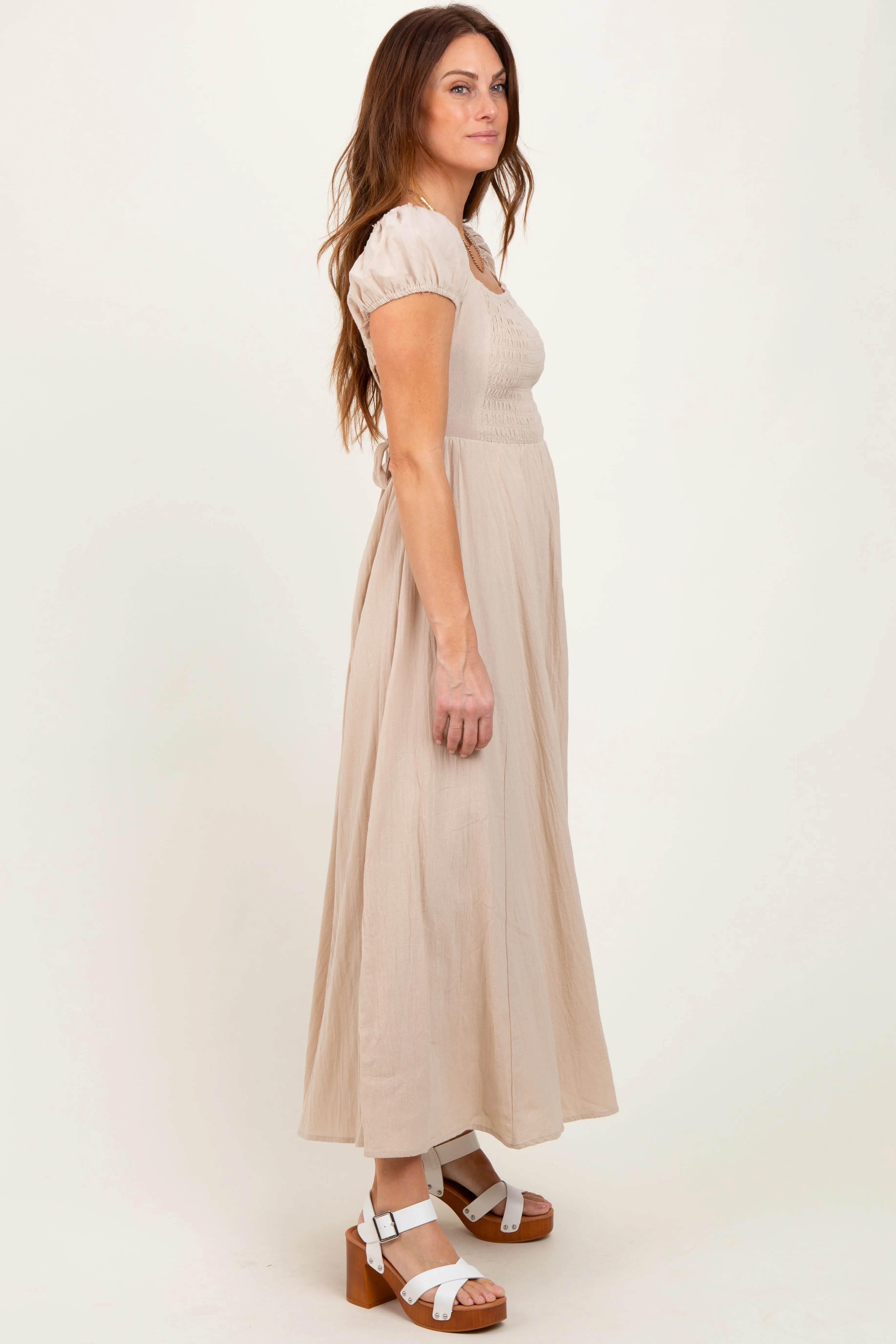Beige Square Neck Smocked Top Criss Cross Back Tie Maxi Dress sold by Pinkblush product image thumbnail 2