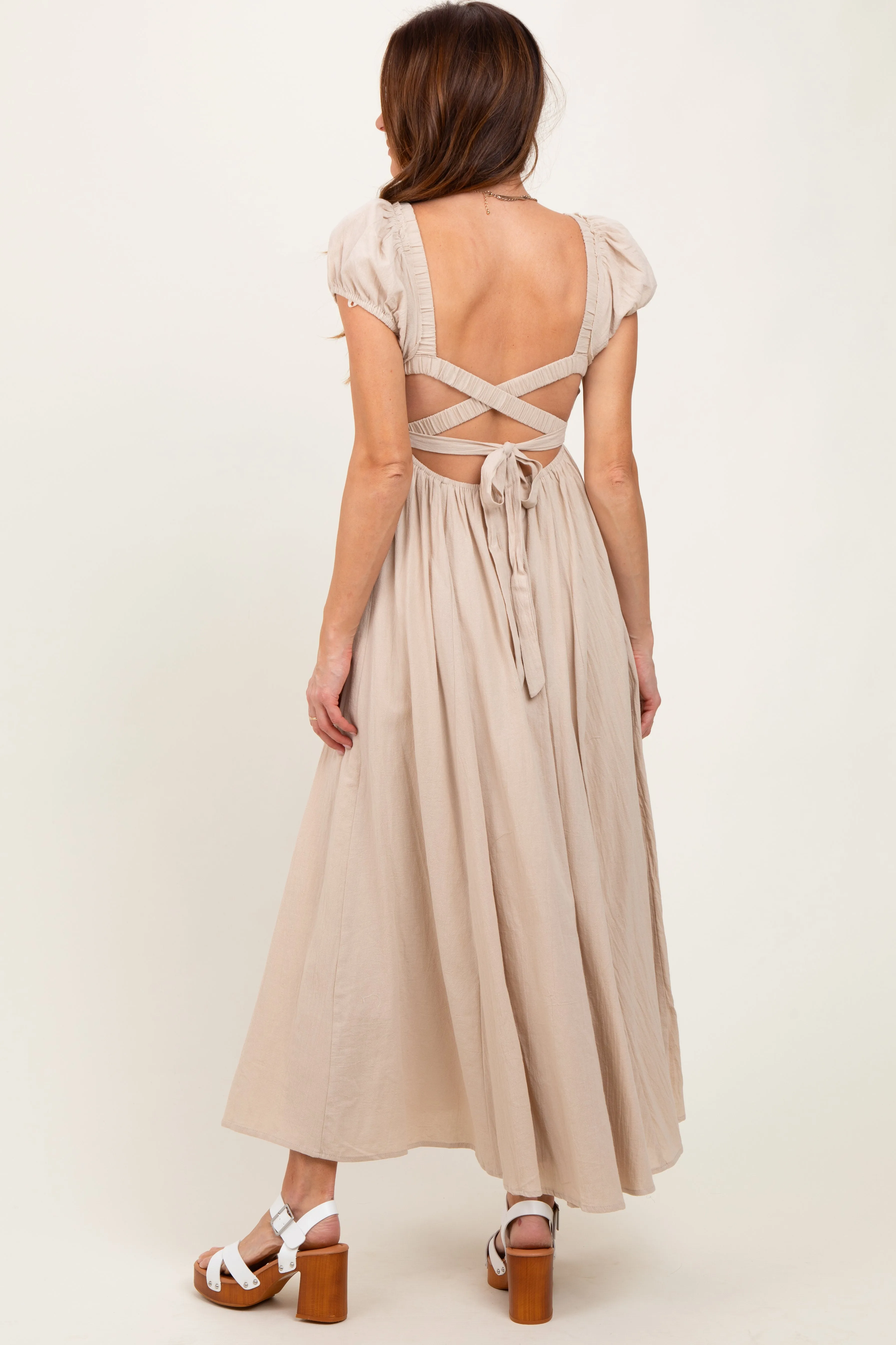 Beige Square Neck Smocked Top Criss Cross Back Tie Maxi Dress sold by Pinkblush product image thumbnail 3