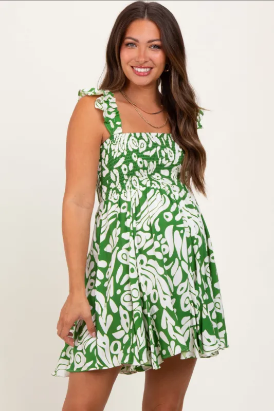 Green Printed Smocked Ruffle Strap Maternity Dress sold by Pinkblush